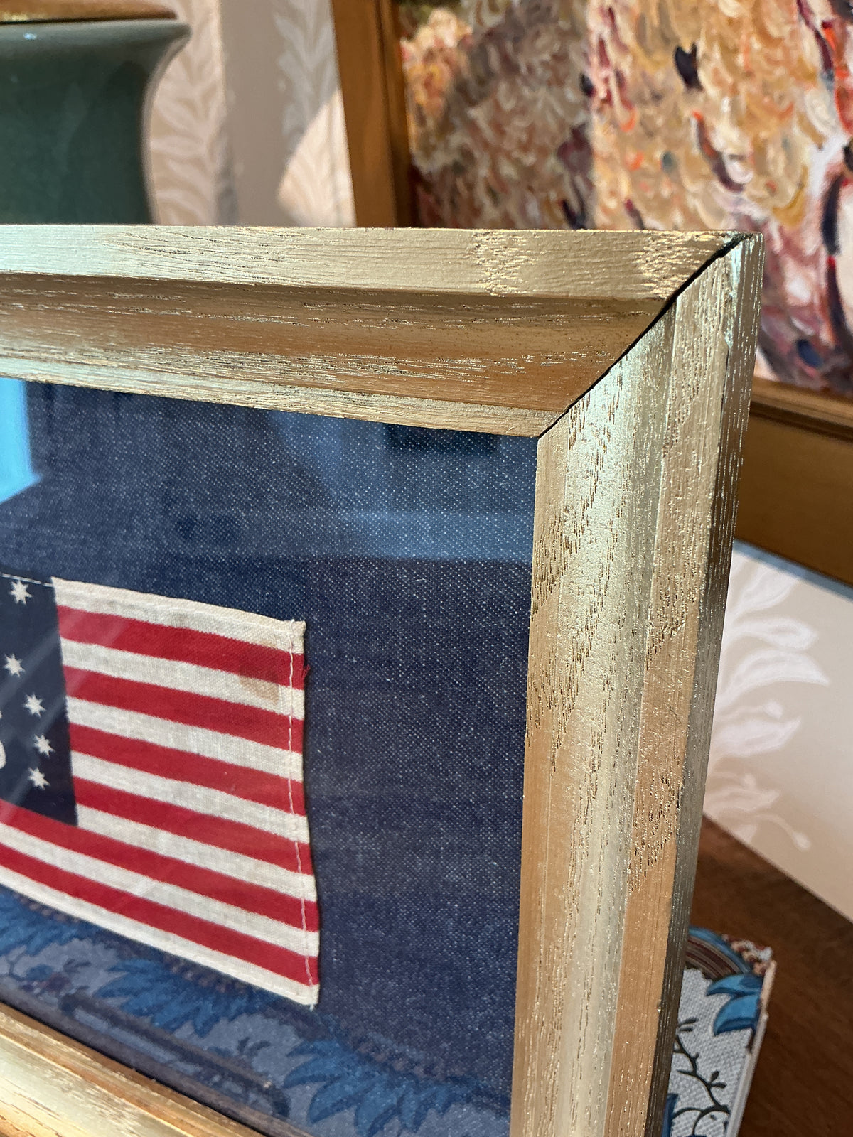 Vintage Bicentennial Bennington 13 Star American Flag on Dark Chambray in Gold Frame