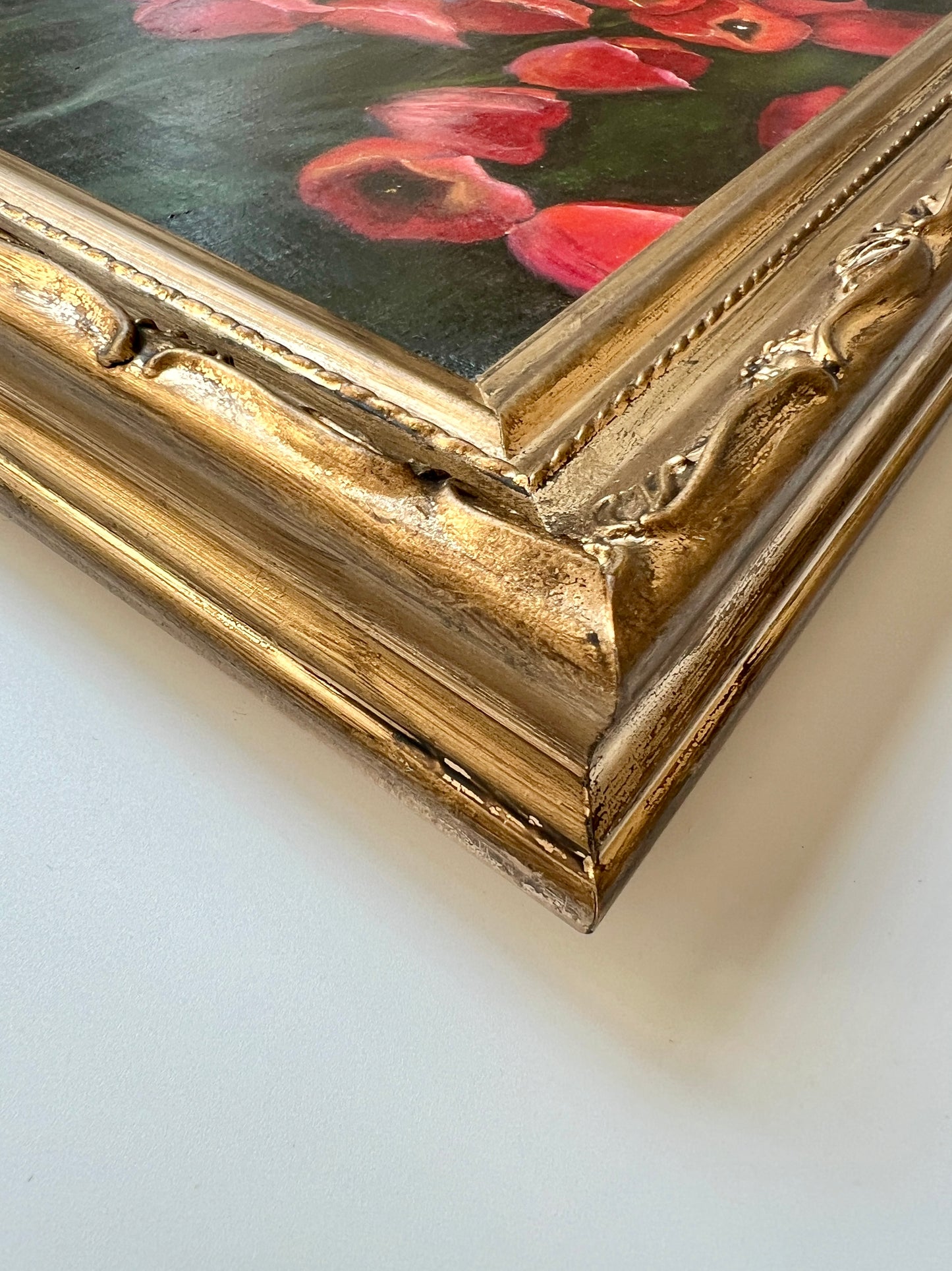 Anne Johnson Red Poppies Still Life Painting in Gold Frame