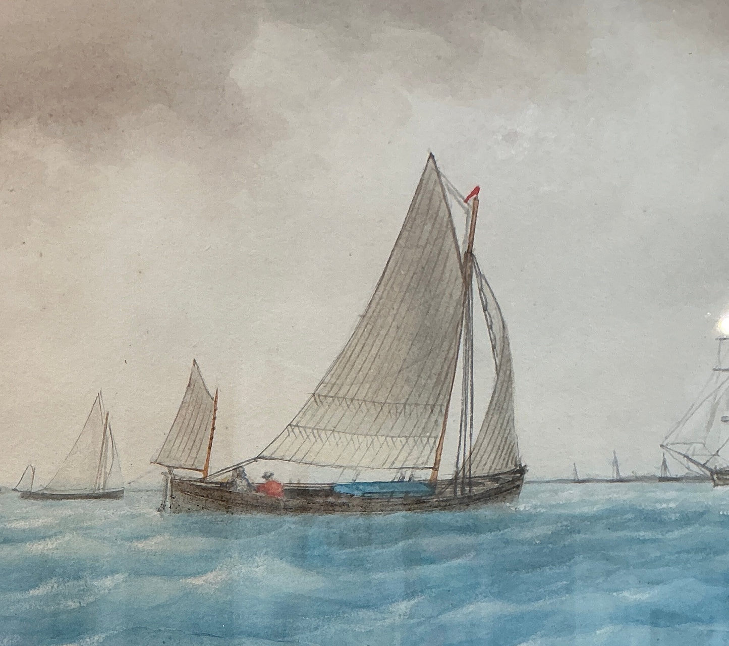 19th Century Sailboat Seascape Watercolor Painting in Ornate Gold Frame