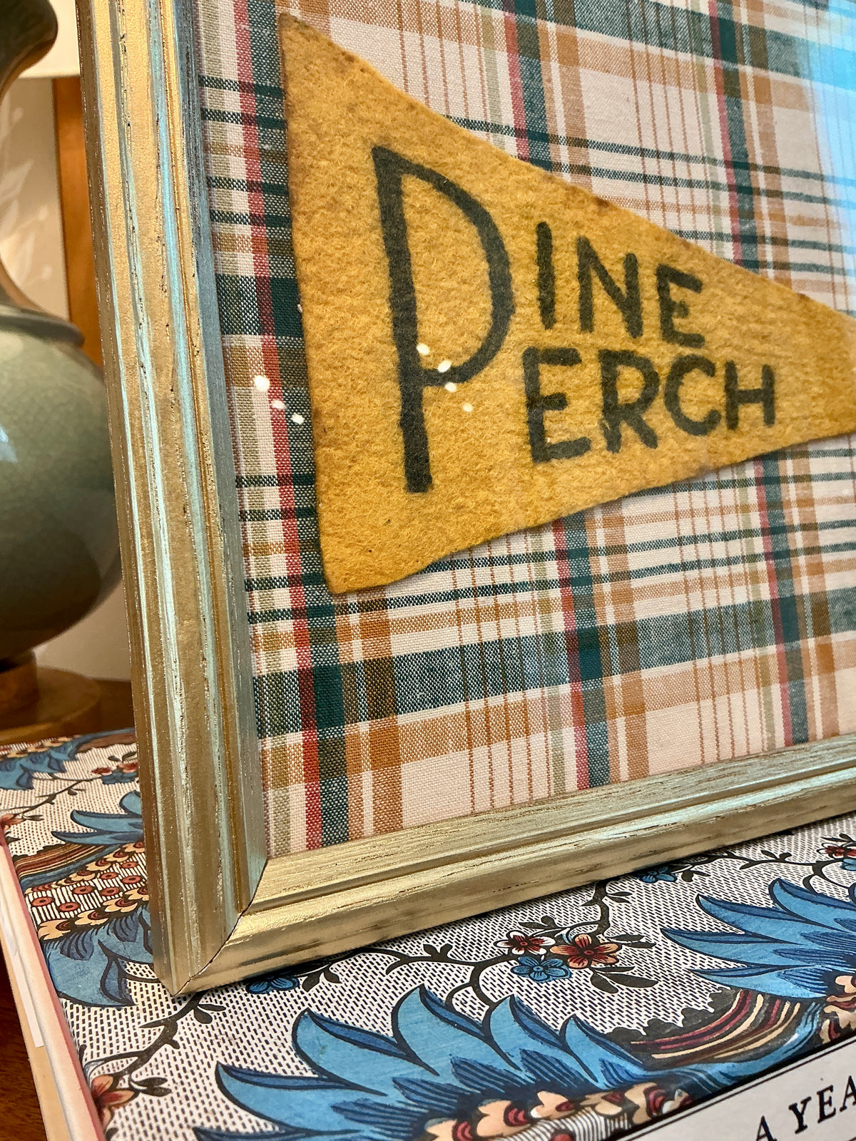 Vintage Pine Perch Yellow Felt Pennant on Plaid in Gold Frame