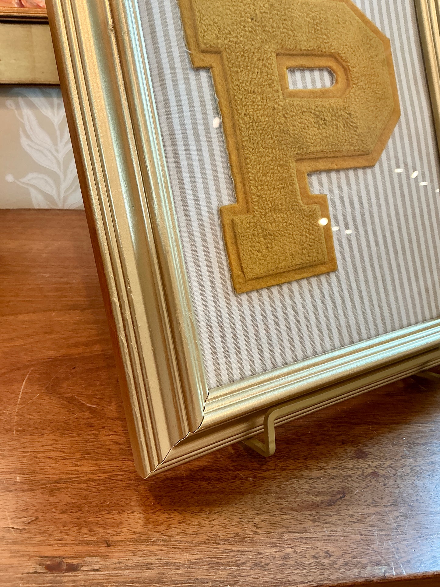 Vintage Varsity Letter Initial "P" on Taupe Stripes in Gold Frame