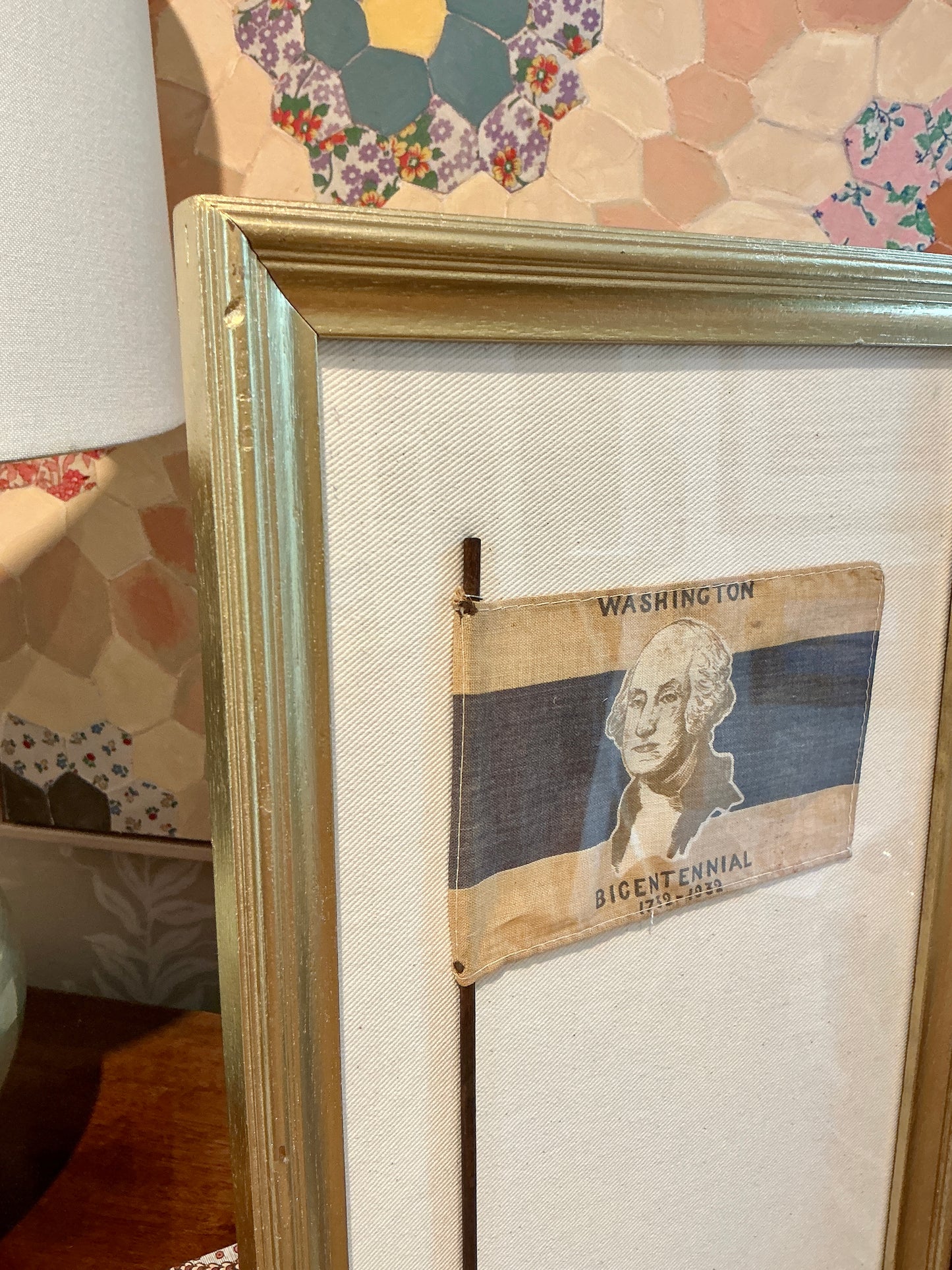 1932 George Washington Birthday Bicentennial Parade Flag on Ivory Duck Cloth in Gold Frame