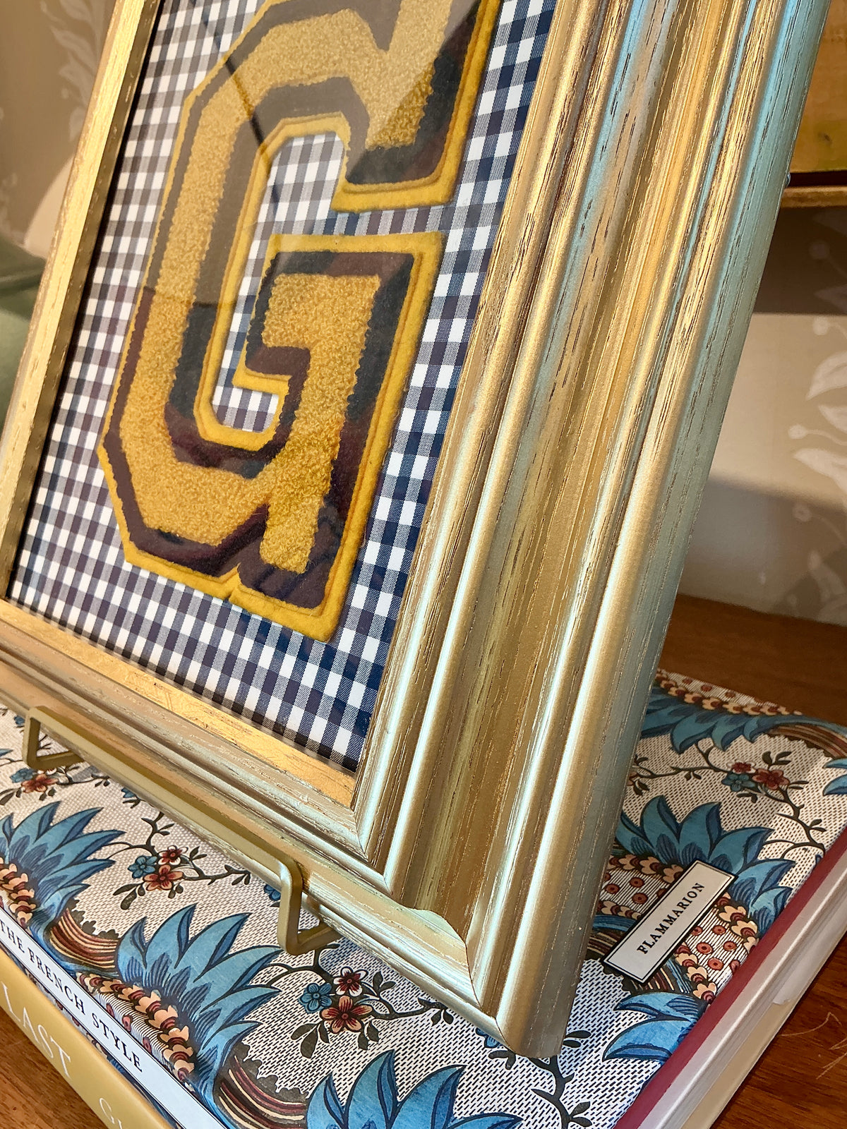 Vintage Varsity Letter Initial "G" on Navy Gingham in Gold Frame