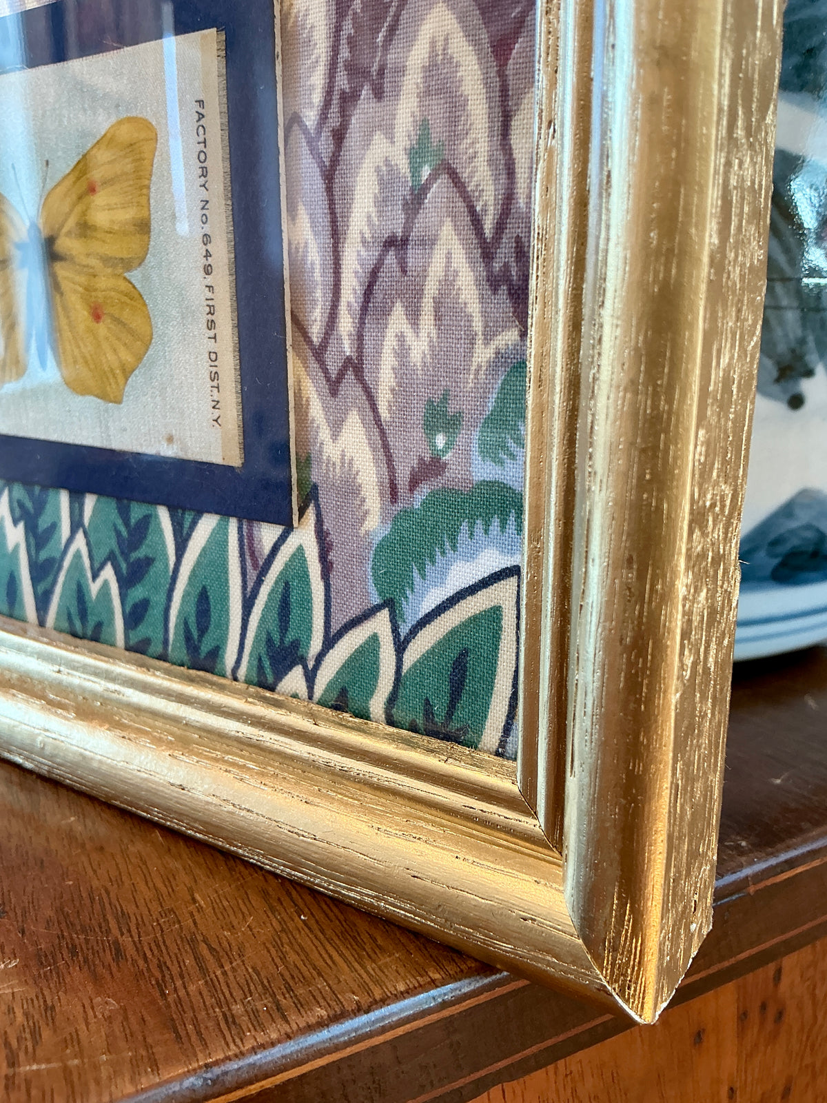 Set of Five Antique Butterfly Silks on Vintage Floral Fabric in Gold Frames