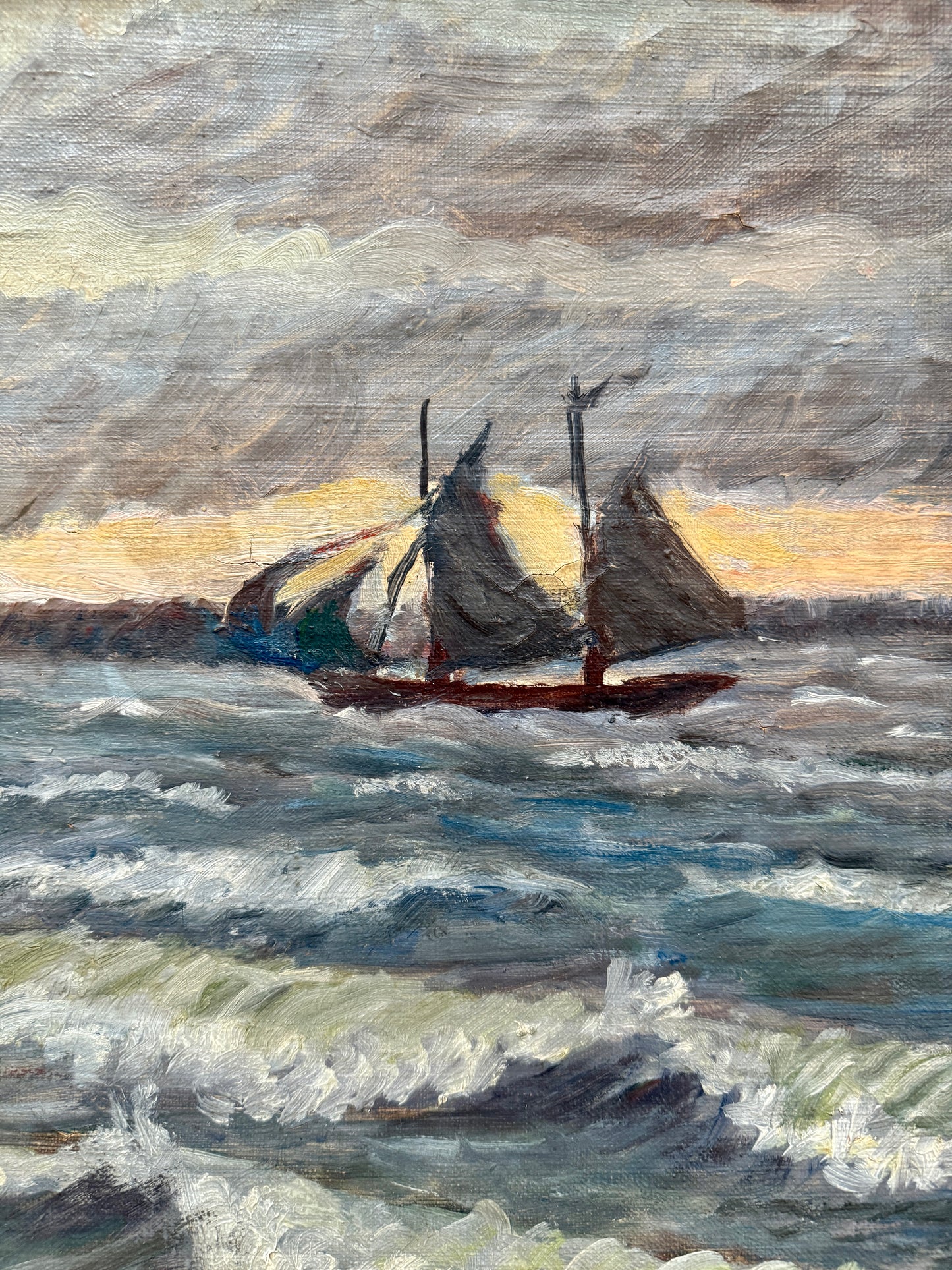 1937 Sailboats in Seascape Oil Painting in Painted Wood Frame