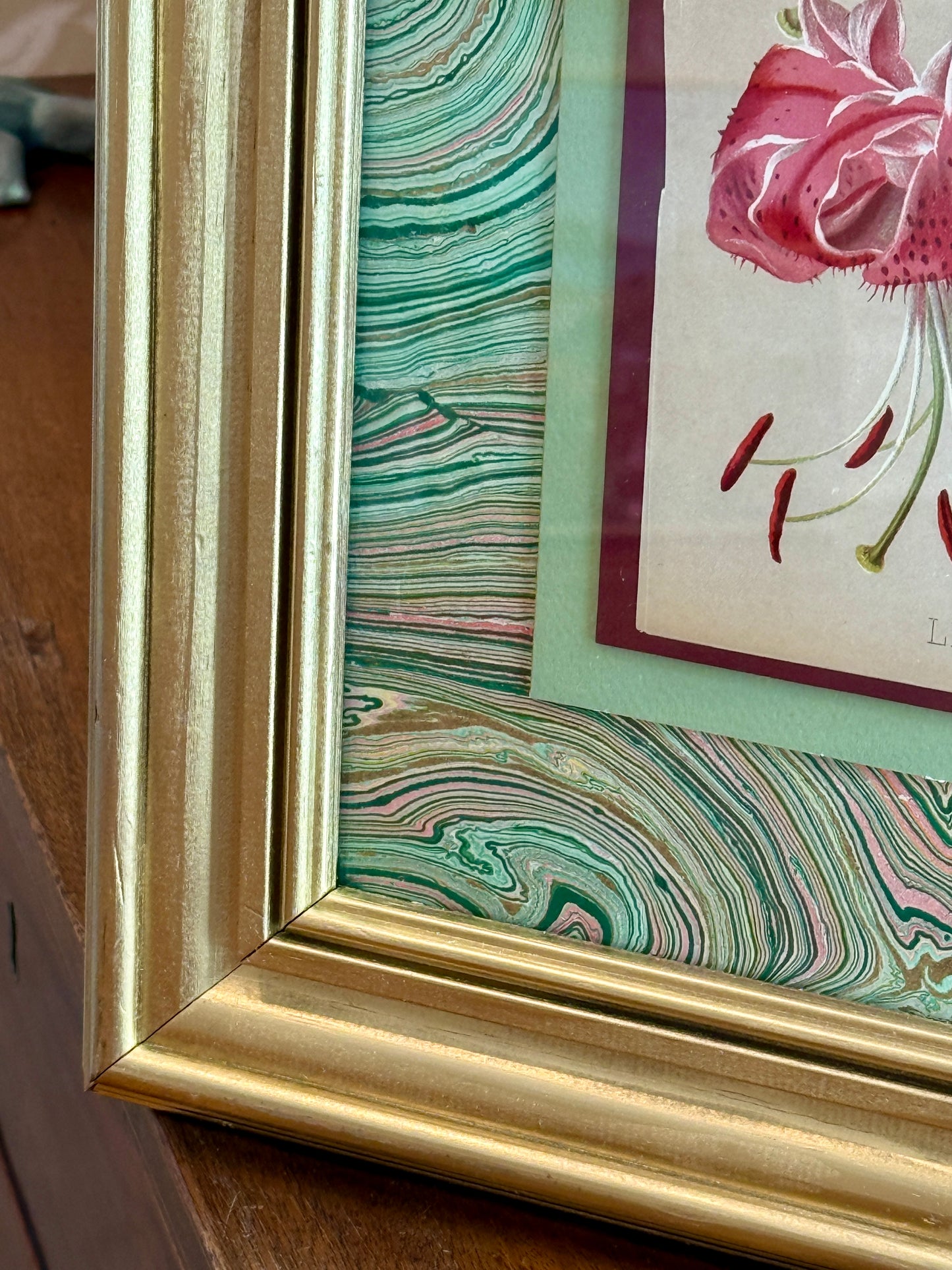 20th Century Japanese Lily Chromolithograph on Hand Marbled Paper