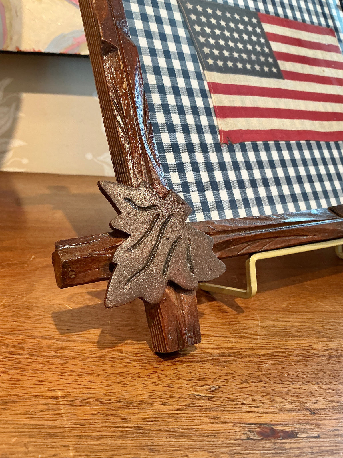 Vintage 48 Star American Flag on Navy Gingham in Antique Adirondack Stick Frame