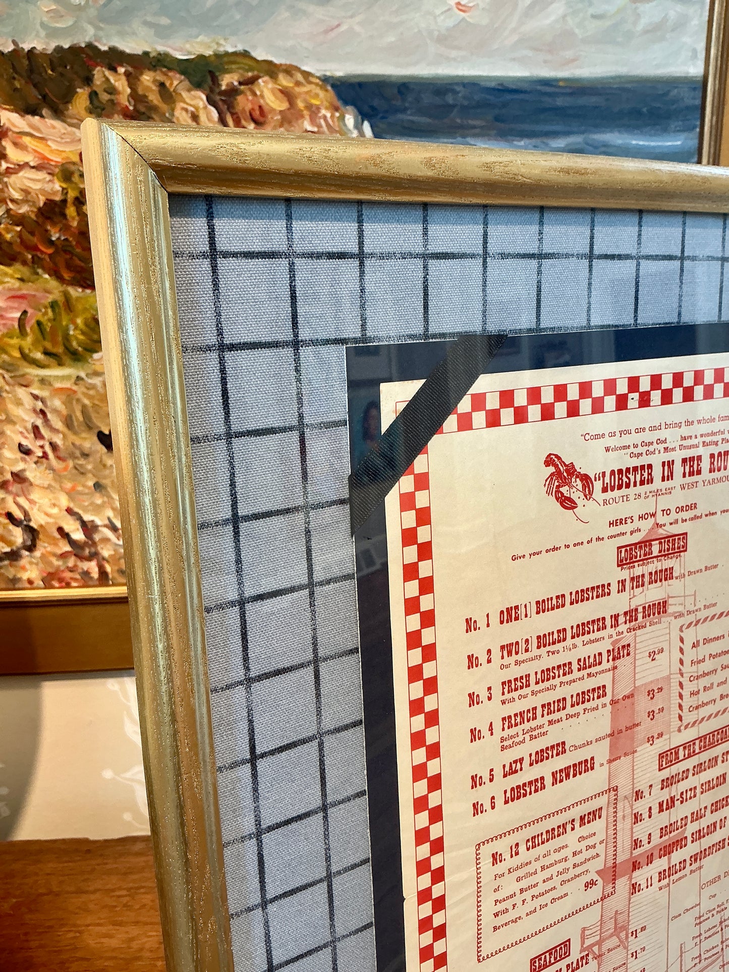 Vintage Cape Cod Seafood Menu on Blue Windowpane in Gold Frame