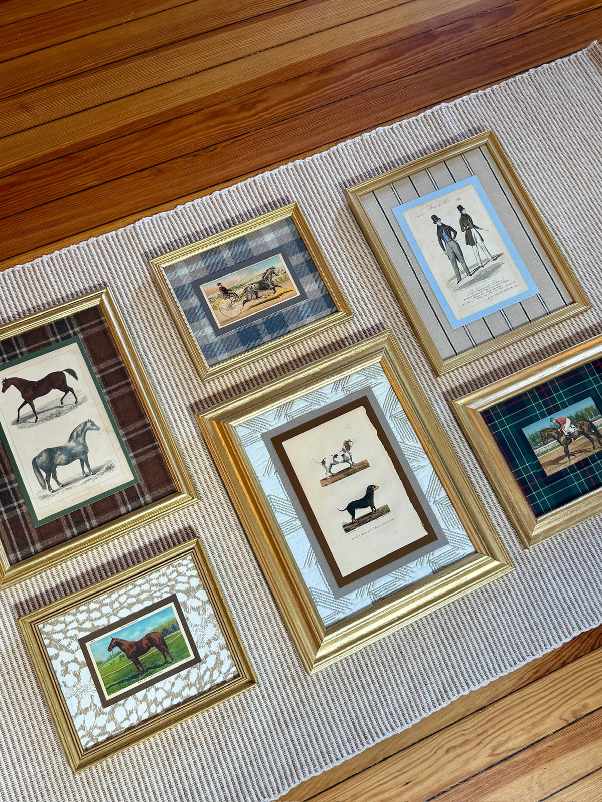 Late 19th Century Horse Harness Racing Trading Card on Vintage Wool Plaid in Gold Frame