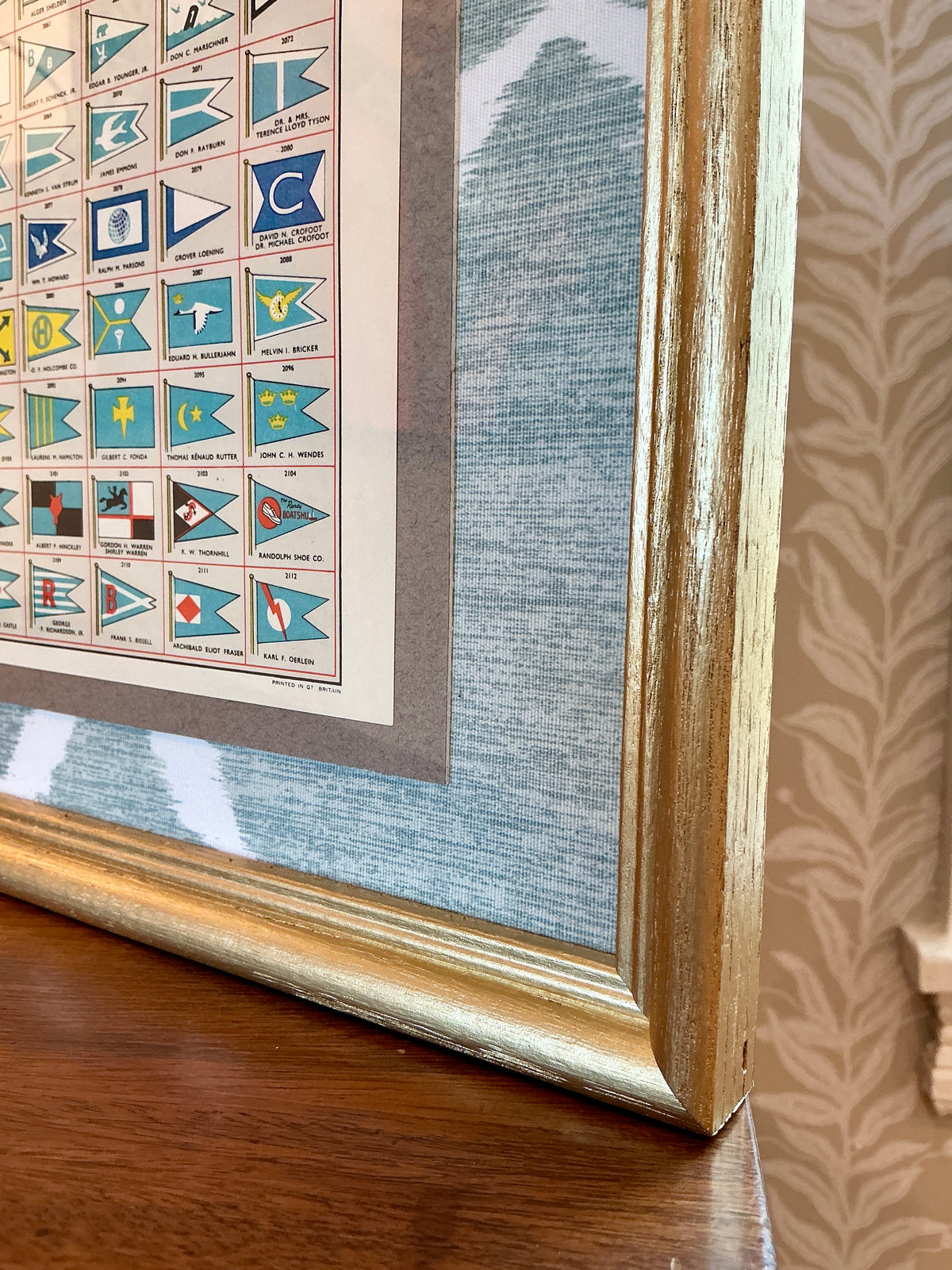 1962 Private Signals of Yachtsmen Flags on Seafoam and White Trellis Fabric in Gold Frame