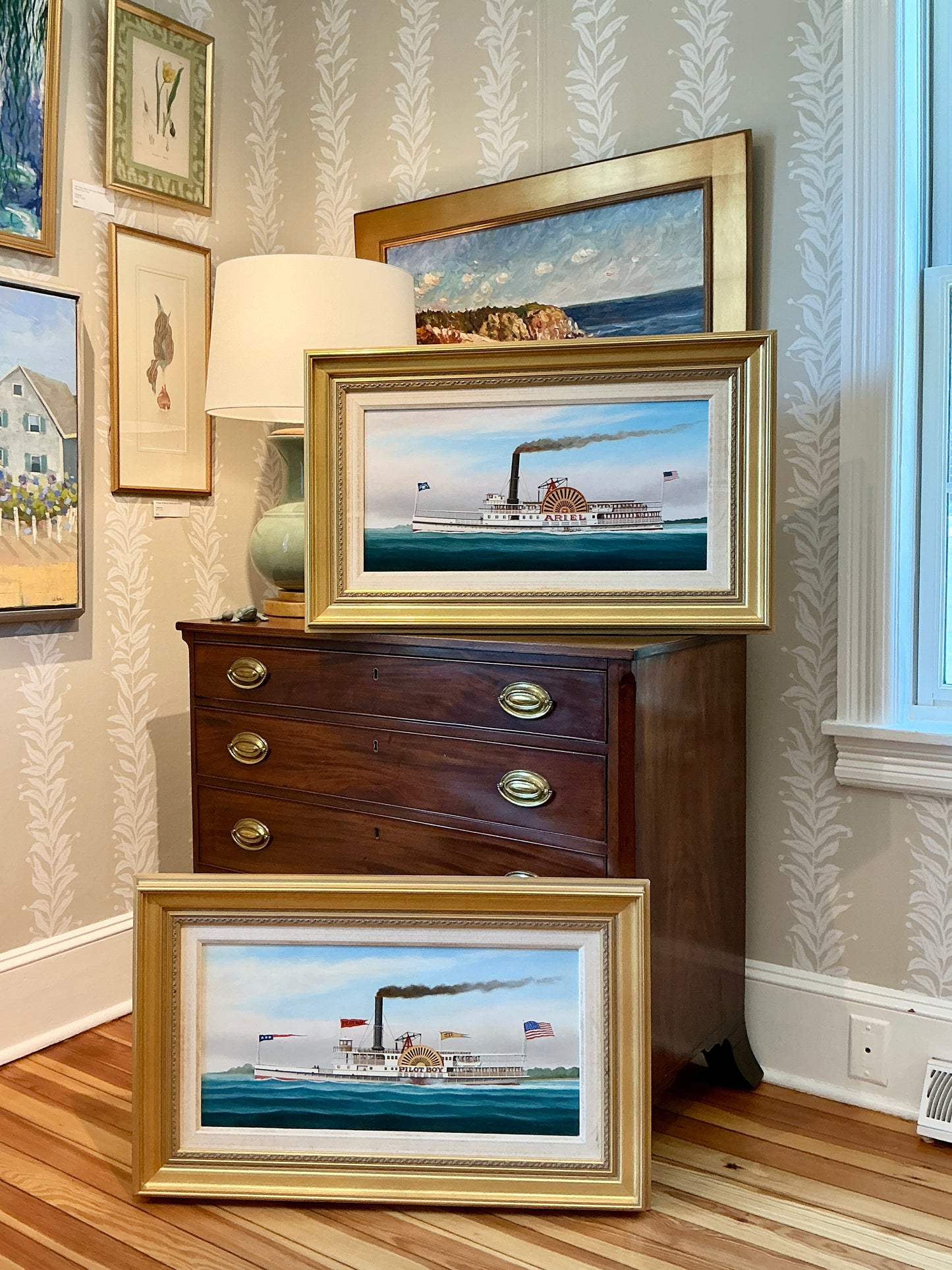 Scott Cameron Steamboat Pilot Boy Oil Painting in Gold Frame