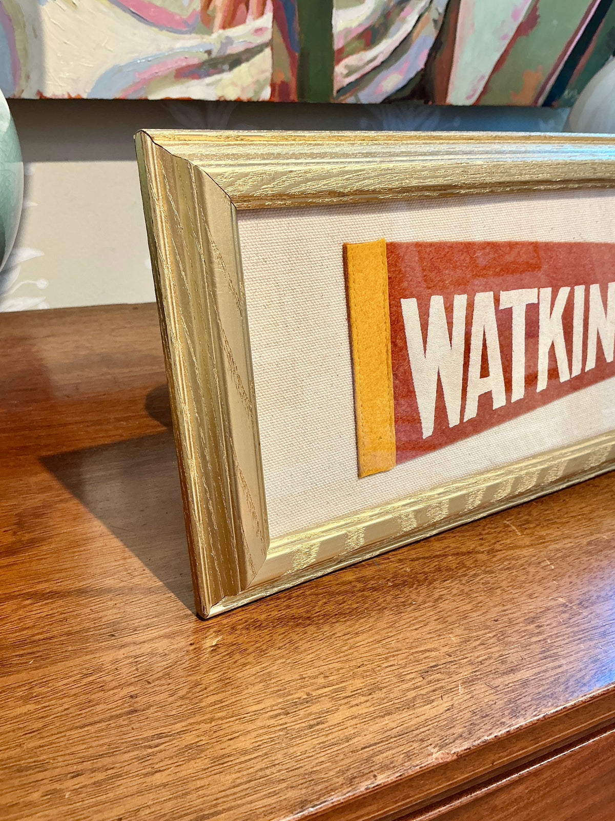 Vintage Watkins Glen New York Pennant on Ivory Duck Cloth in Gold Frame