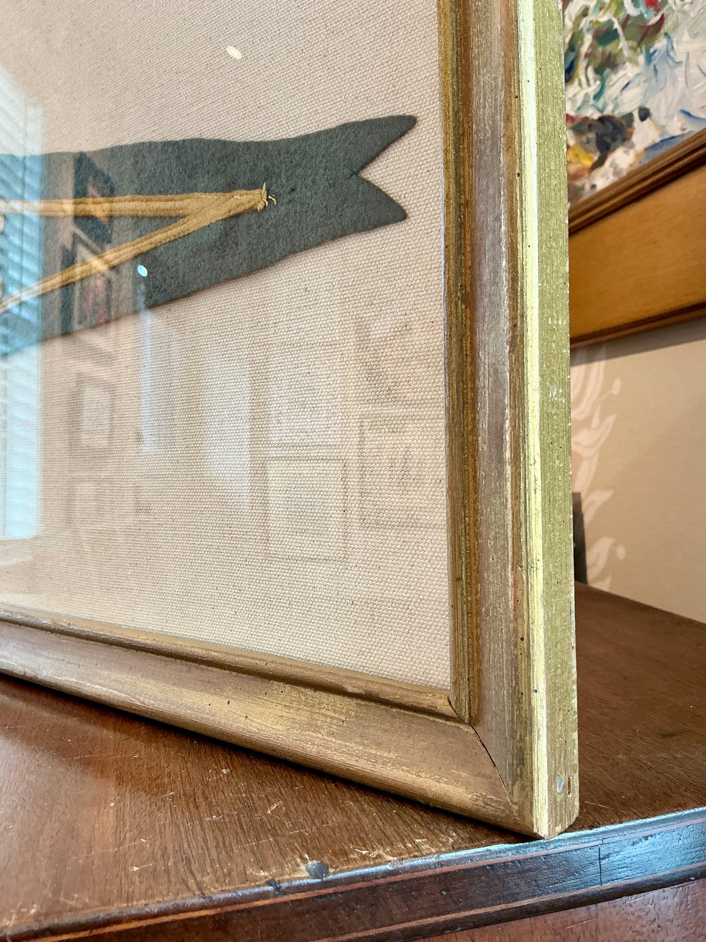 Antique 1920s Napierville, Quebec Pennant on Ivory Duck Cloth in Gold Frame