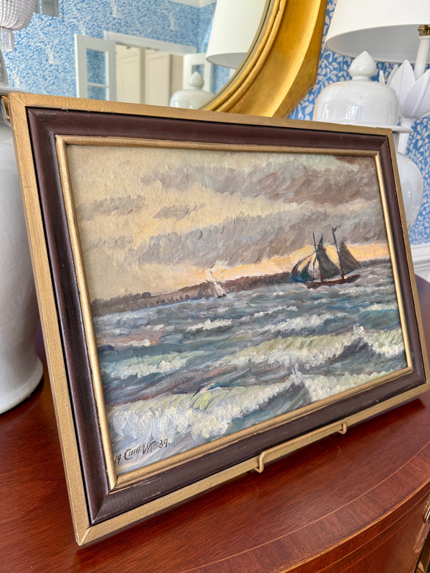 1937 Sailboats in Seascape Oil Painting in Painted Wood Frame
