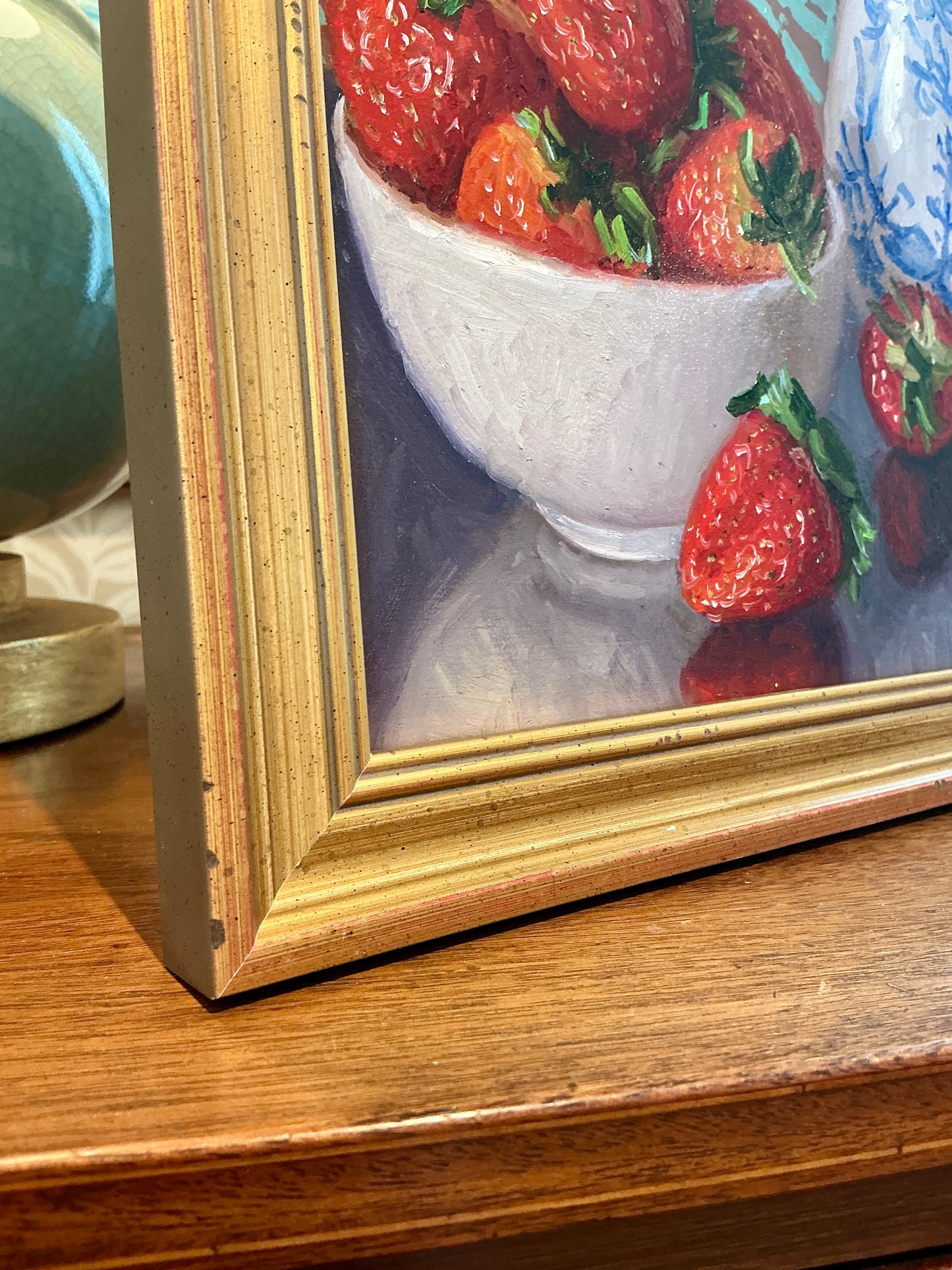 Youqing Wang Strawberries in White Bowl with Pitcher Still Life Oil Painting in Gold Frame