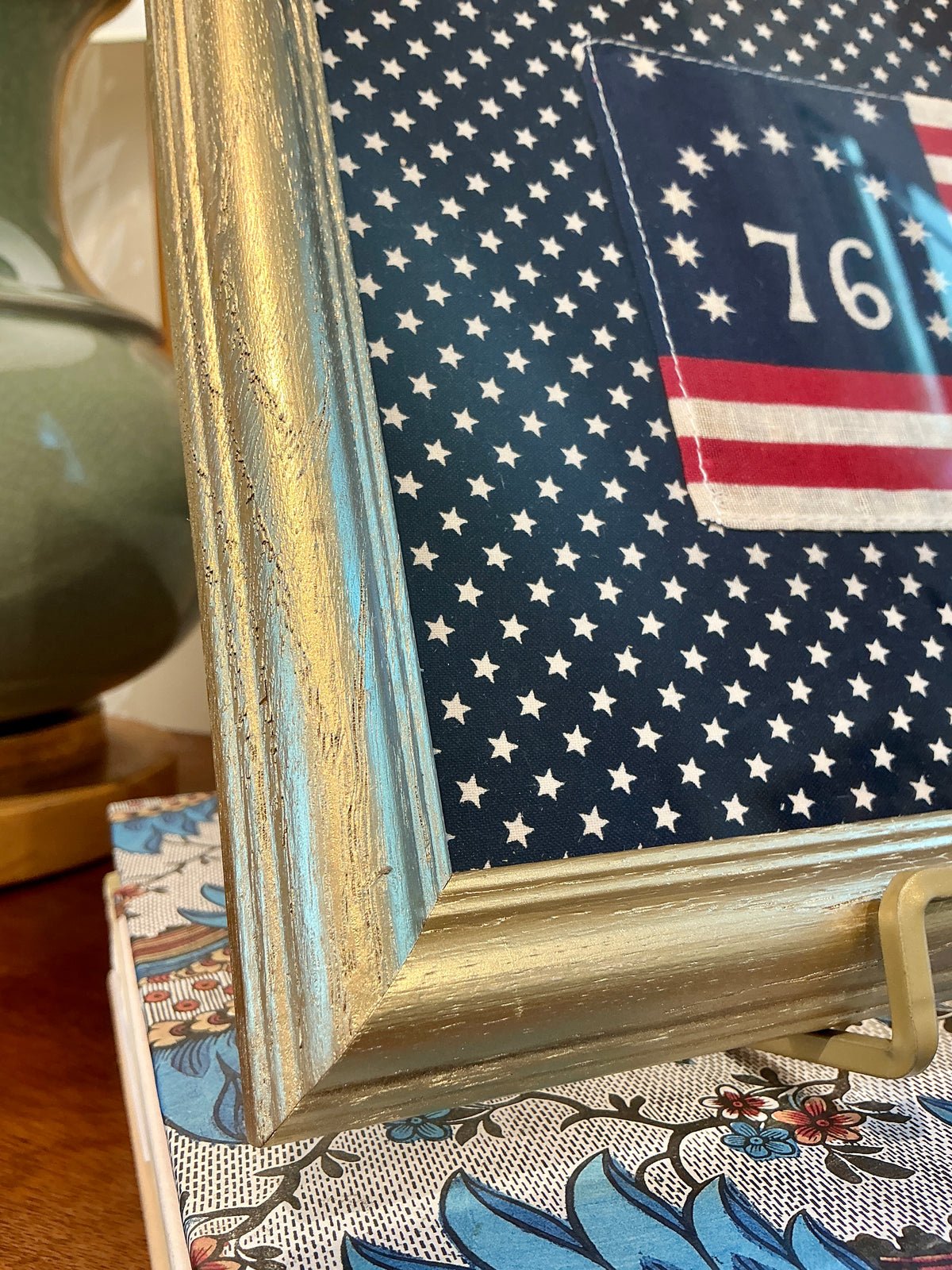Vintage Bicentennial Bennington 13 Star American Flag on Navy Stars in Gold Frame