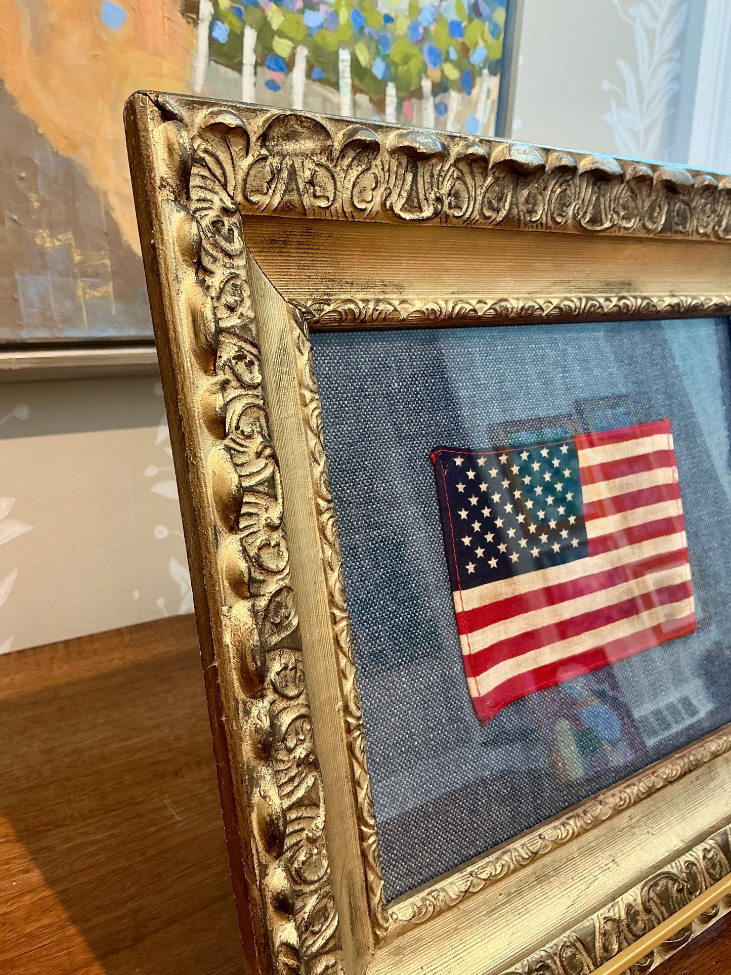 Vintage 50 Star American Flag on Dark Blue Twill in Antique Ornate Gold Frame