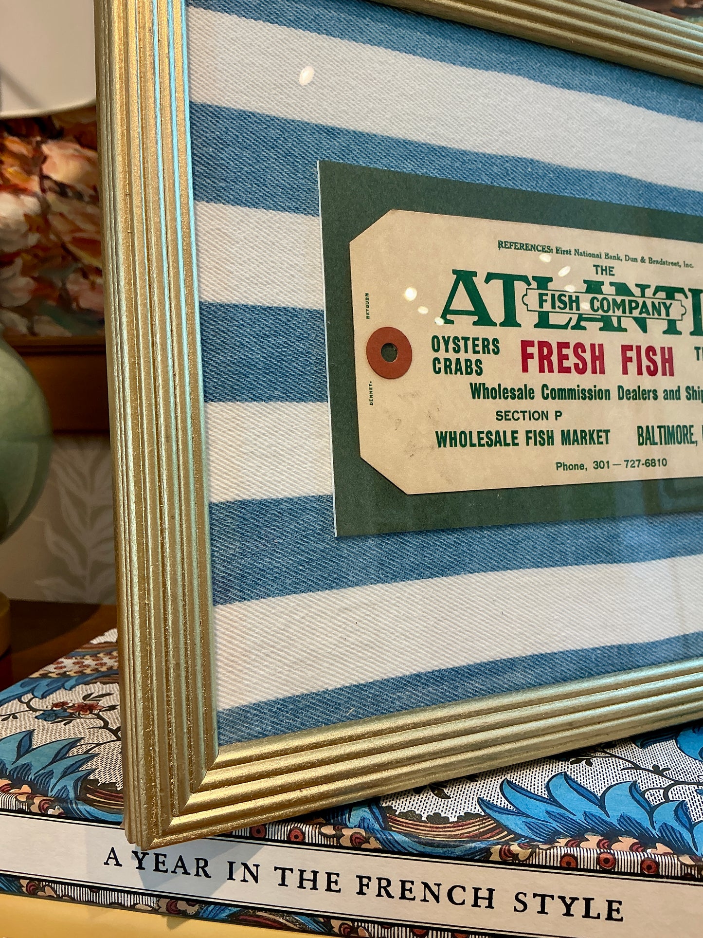 Vintage Fresh Fish Old Baltimore, Maryland Fishmonger's Tag on Blue and White Stripes in Gold Frame