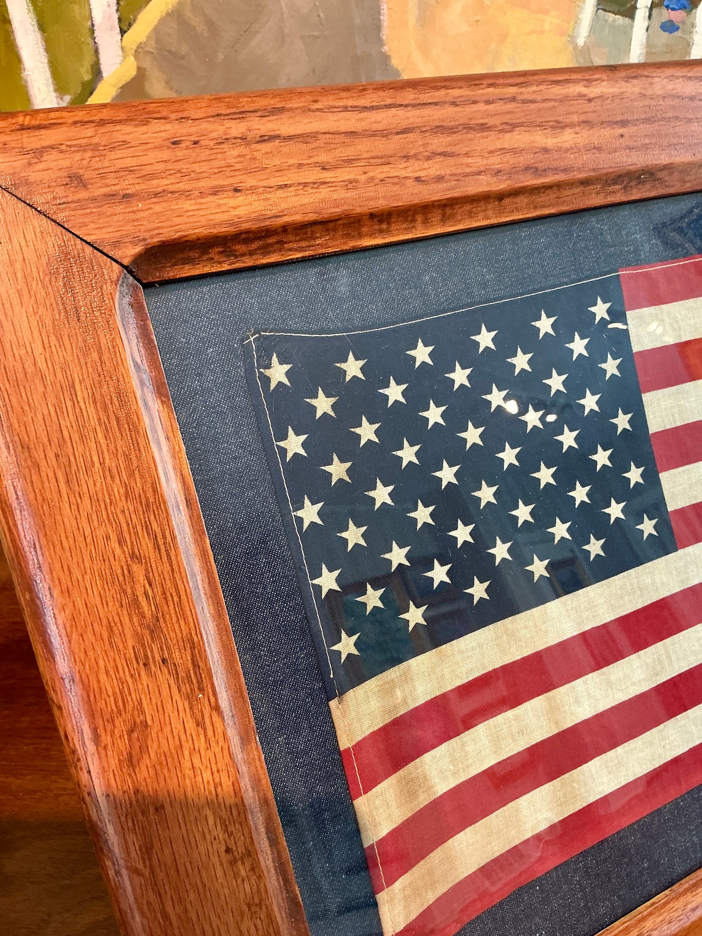 Vintage 50 Star American Flag on Dark Chambray in Antique Oak Frame