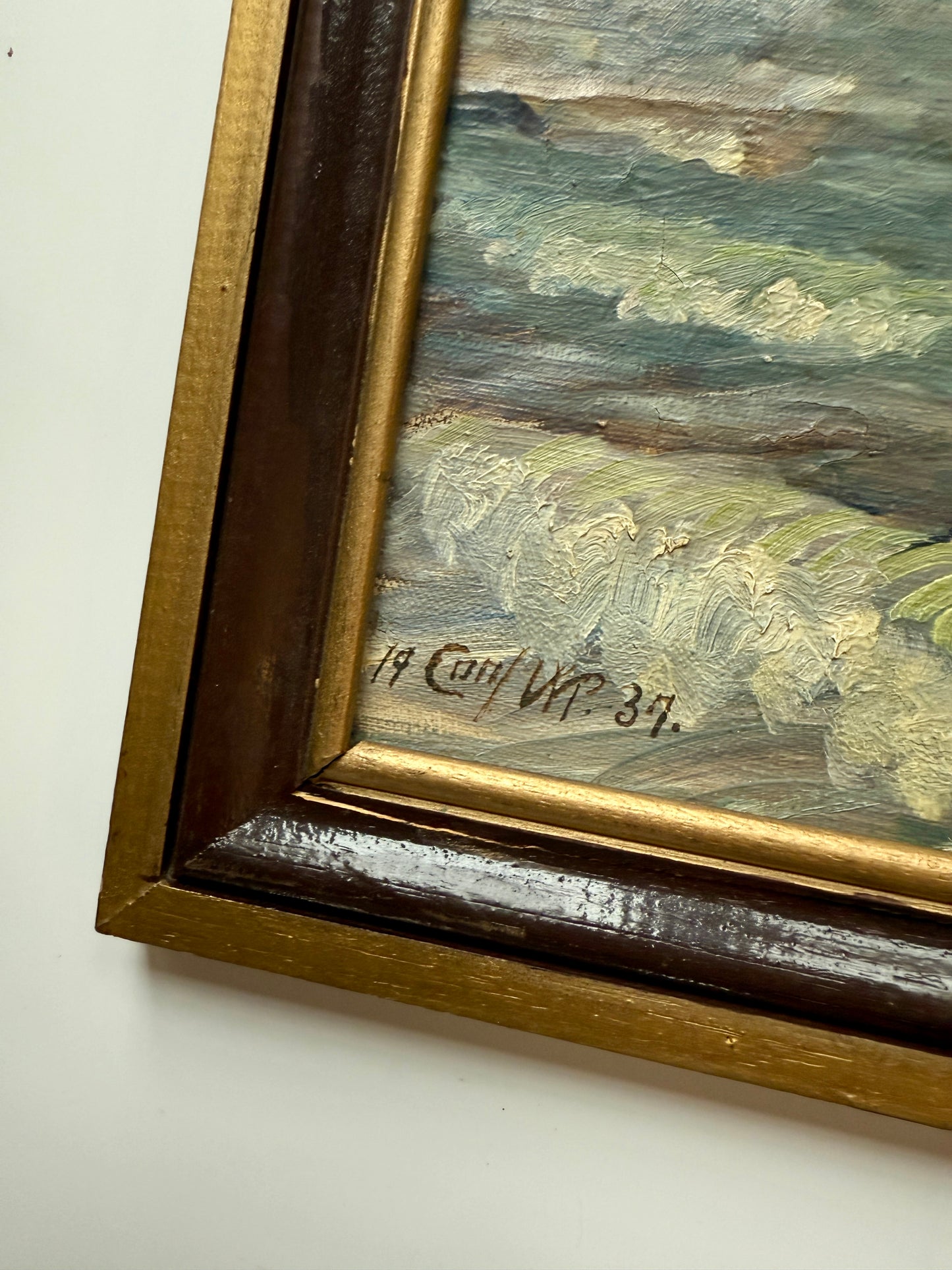 1937 Sailboats in Seascape Oil Painting in Painted Wood Frame