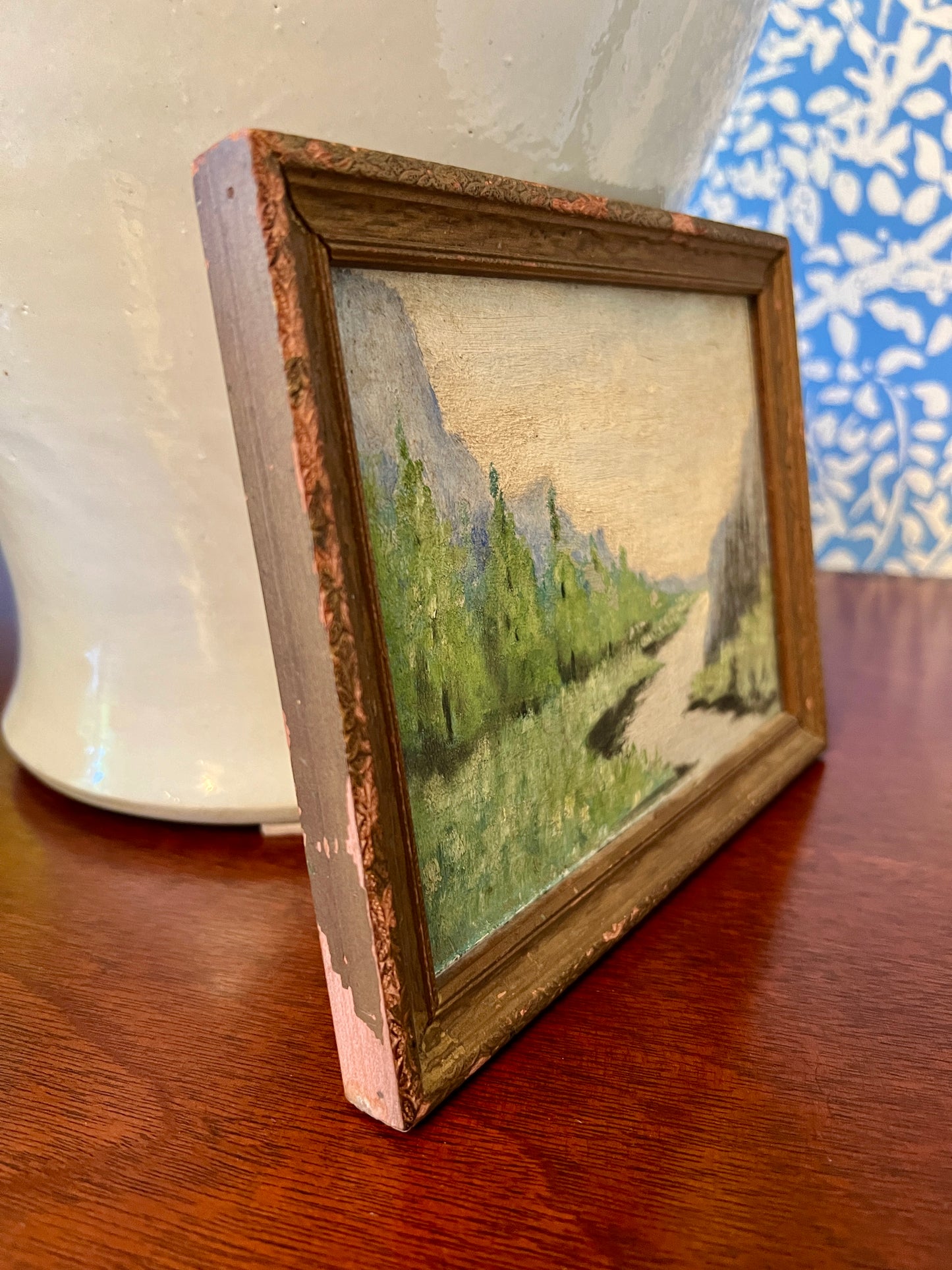 Early 20th Century Impressionist Riverside Landscape Oil Painting in Antique Gold Frame