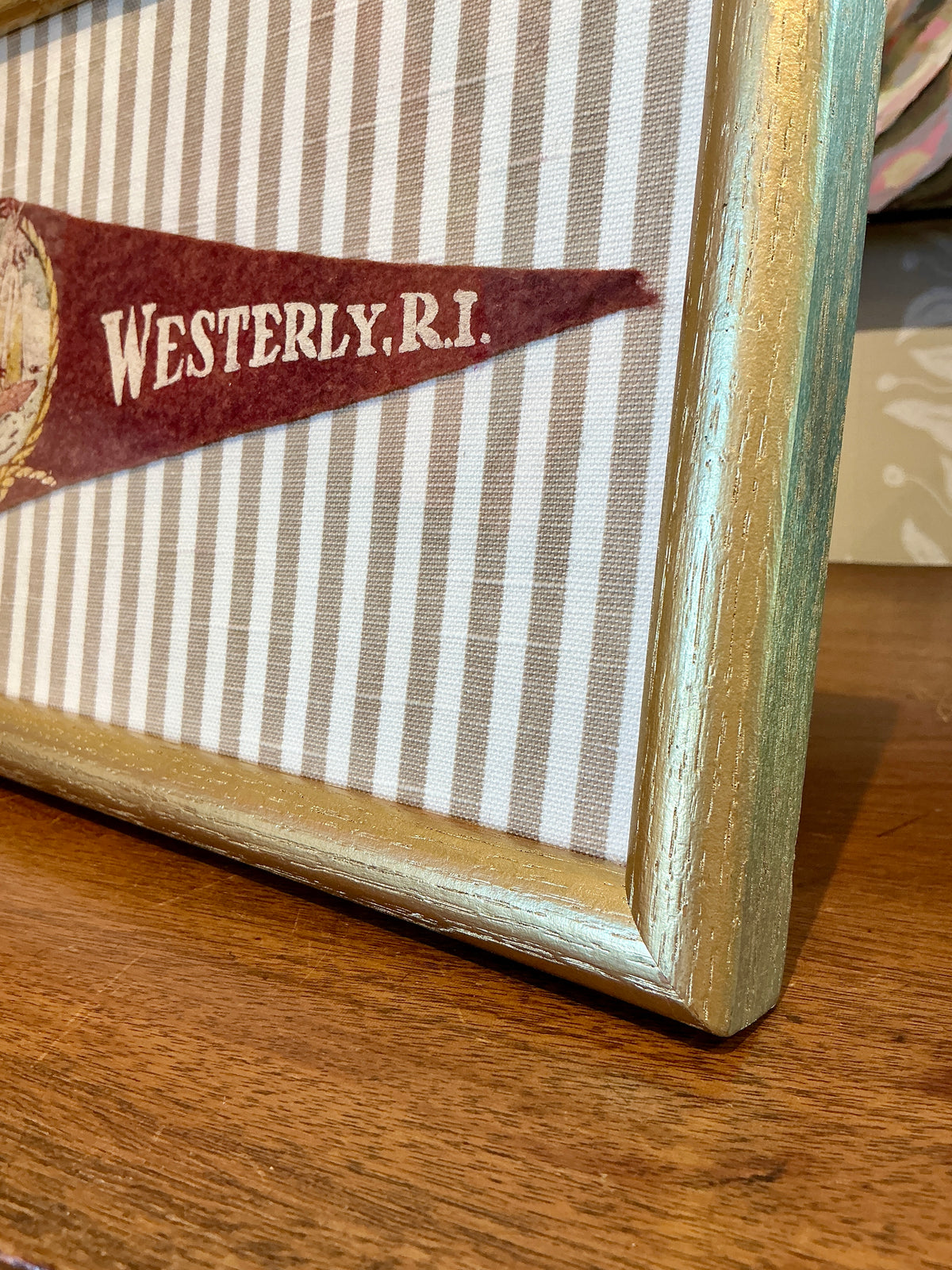 Vintage Westerly Rhode Island Pennant on Taupe Stripes in Gold Frame