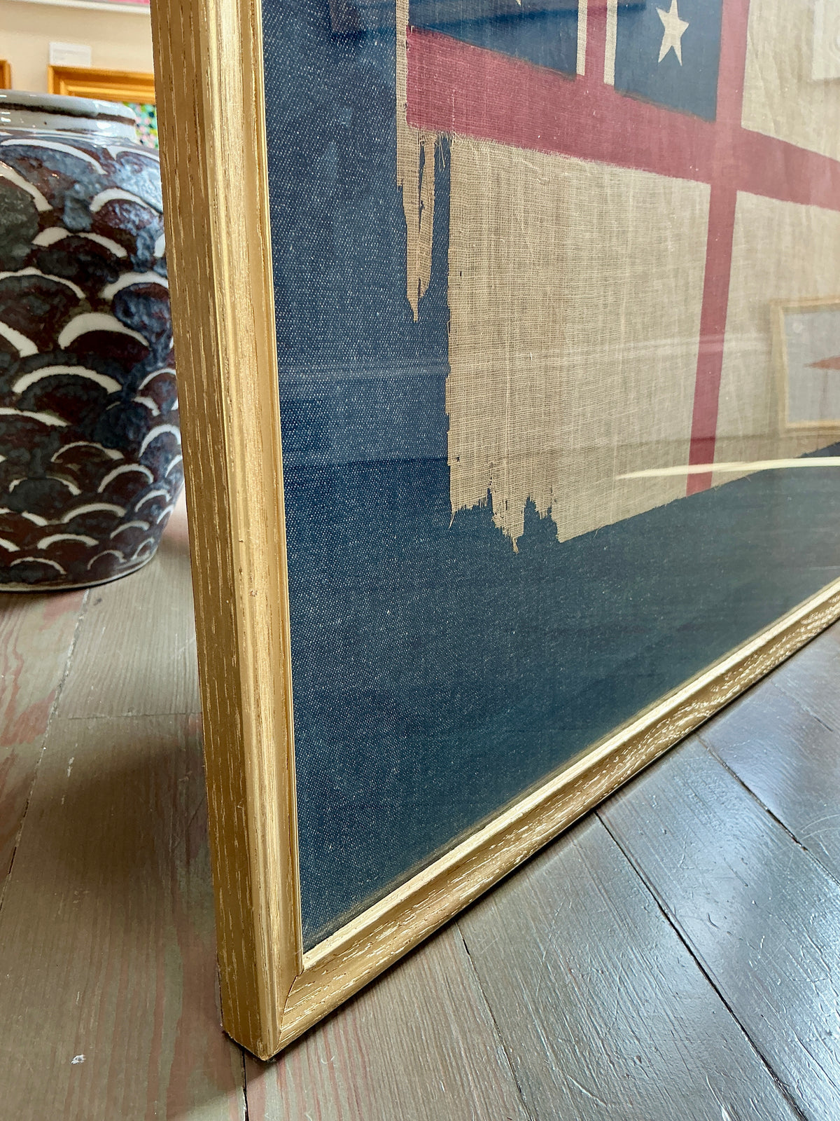 Antique Muslin United Tribes Of New Zealand Flag on Chambray in Gold Frame