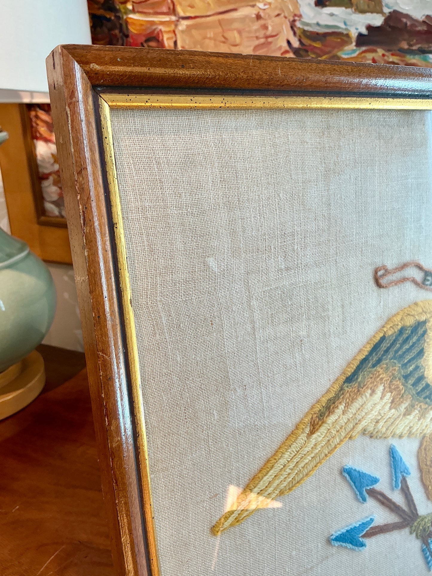 Vintage Bald Eagle Americana Embroidery in Wood Frame with Gilded Liner