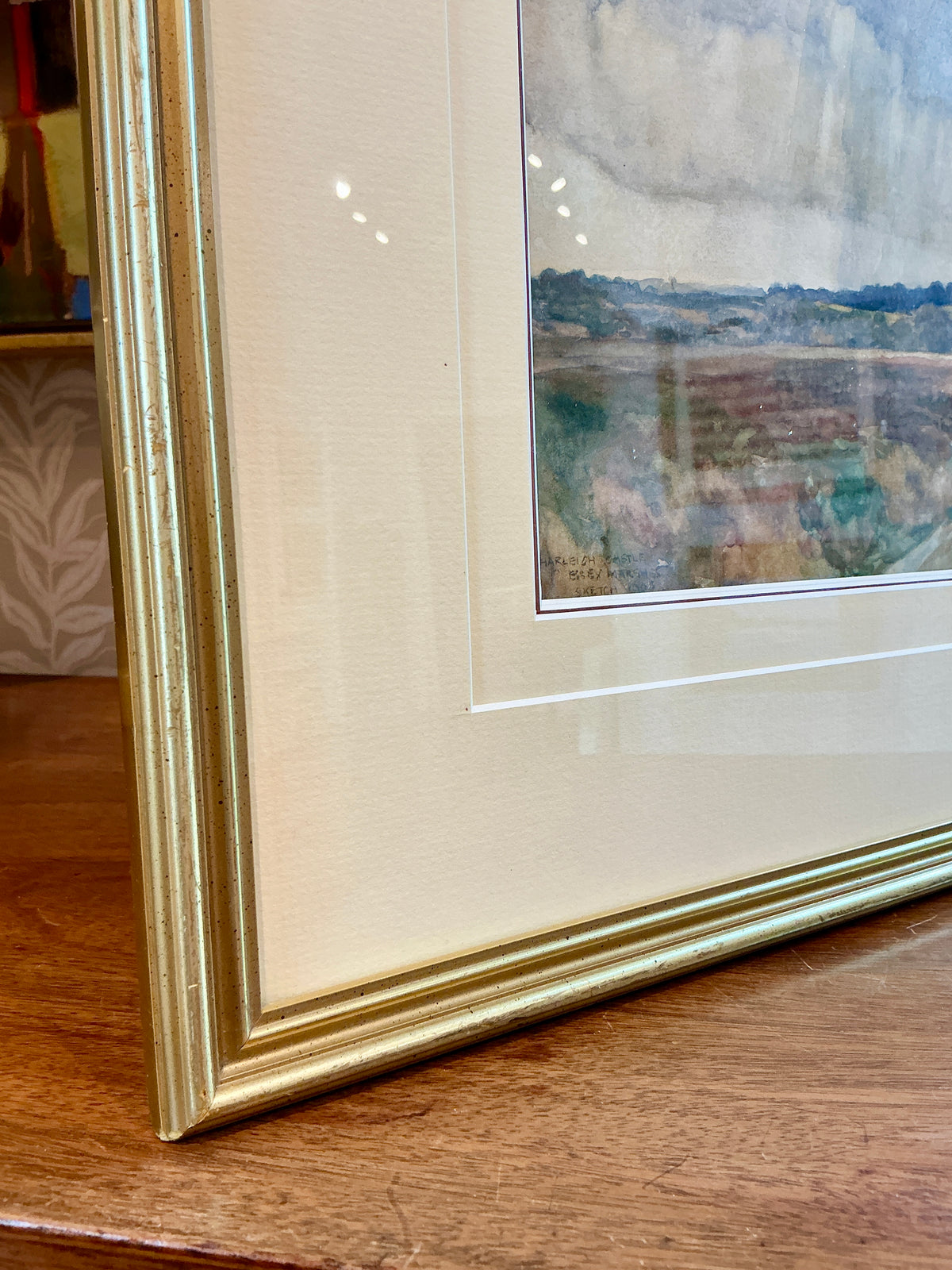 1903 Stephen Reid Hadleigh Castle Landscape Watercolor in Gold Fram