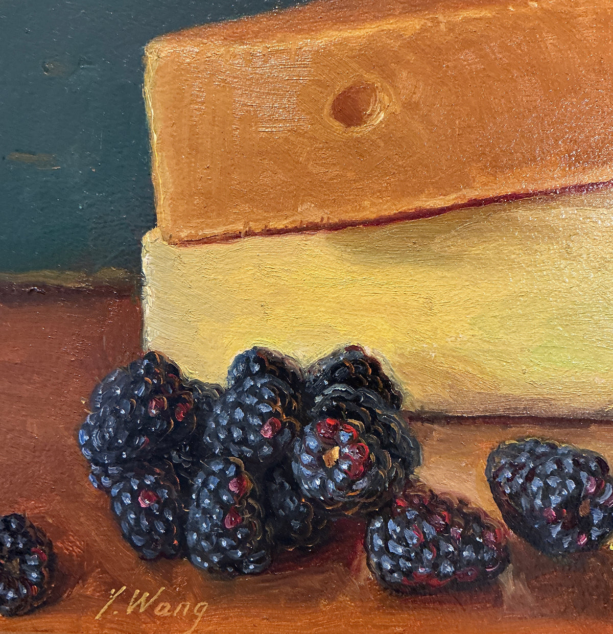 Youqing Wang Blackberries And Cheese Still Life Oil Painting in Gold Frame
