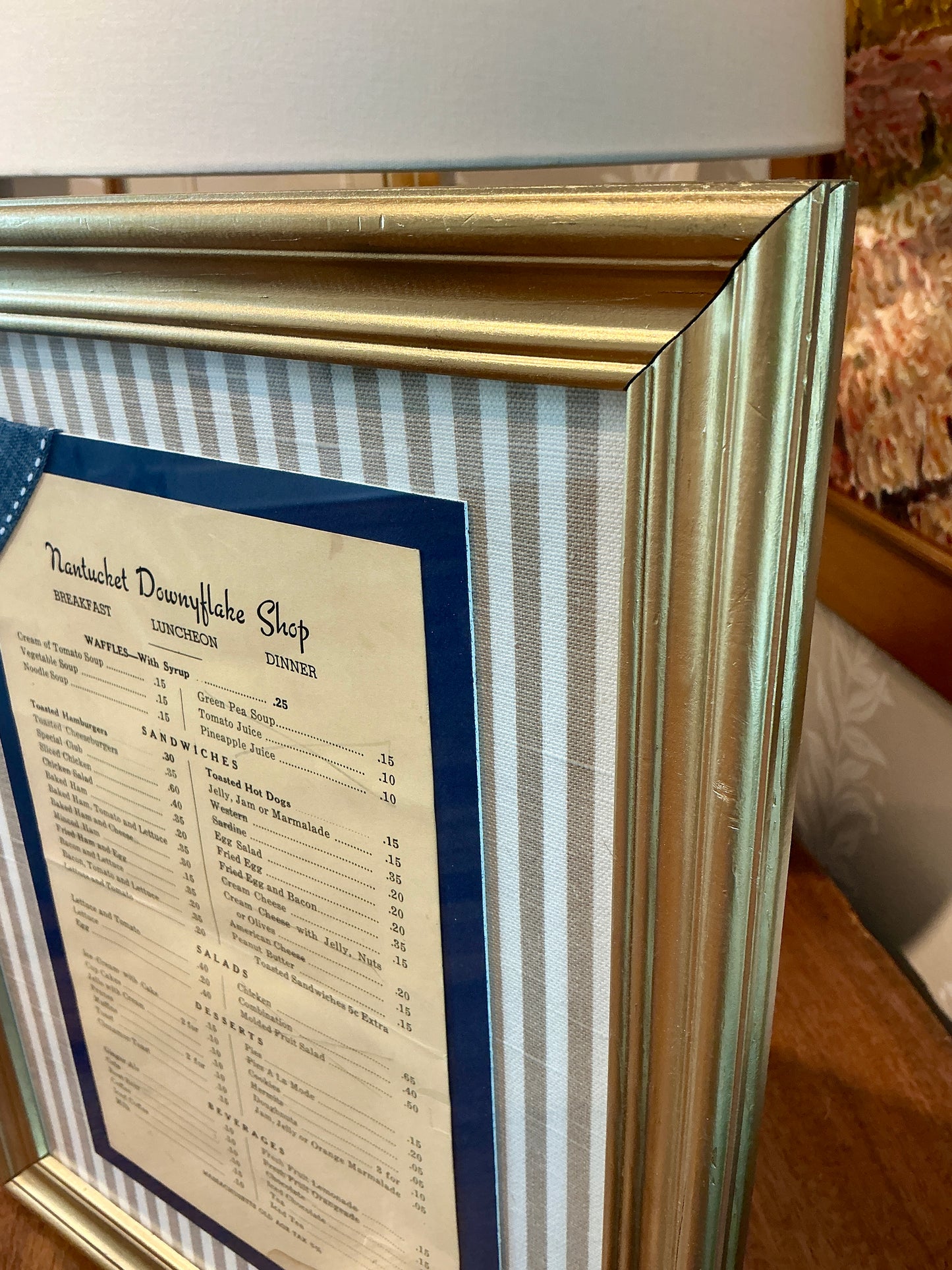 Vintage Nantucket Downyflake Restaurant Menu on Taupe Stripes in Gold Frame