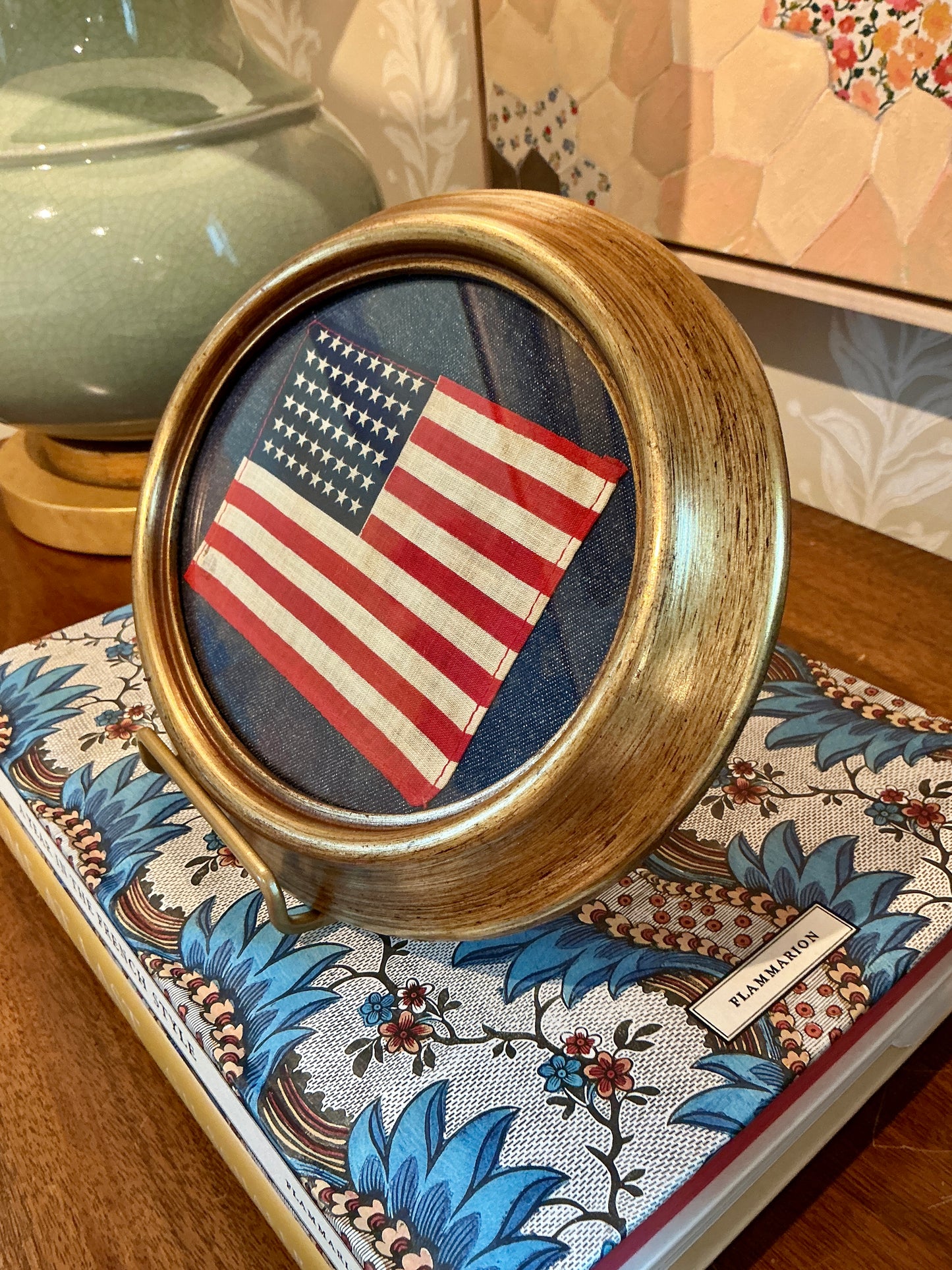 Vintage 48 Star American Flag on Dark Chambray in Oval Gold Frame