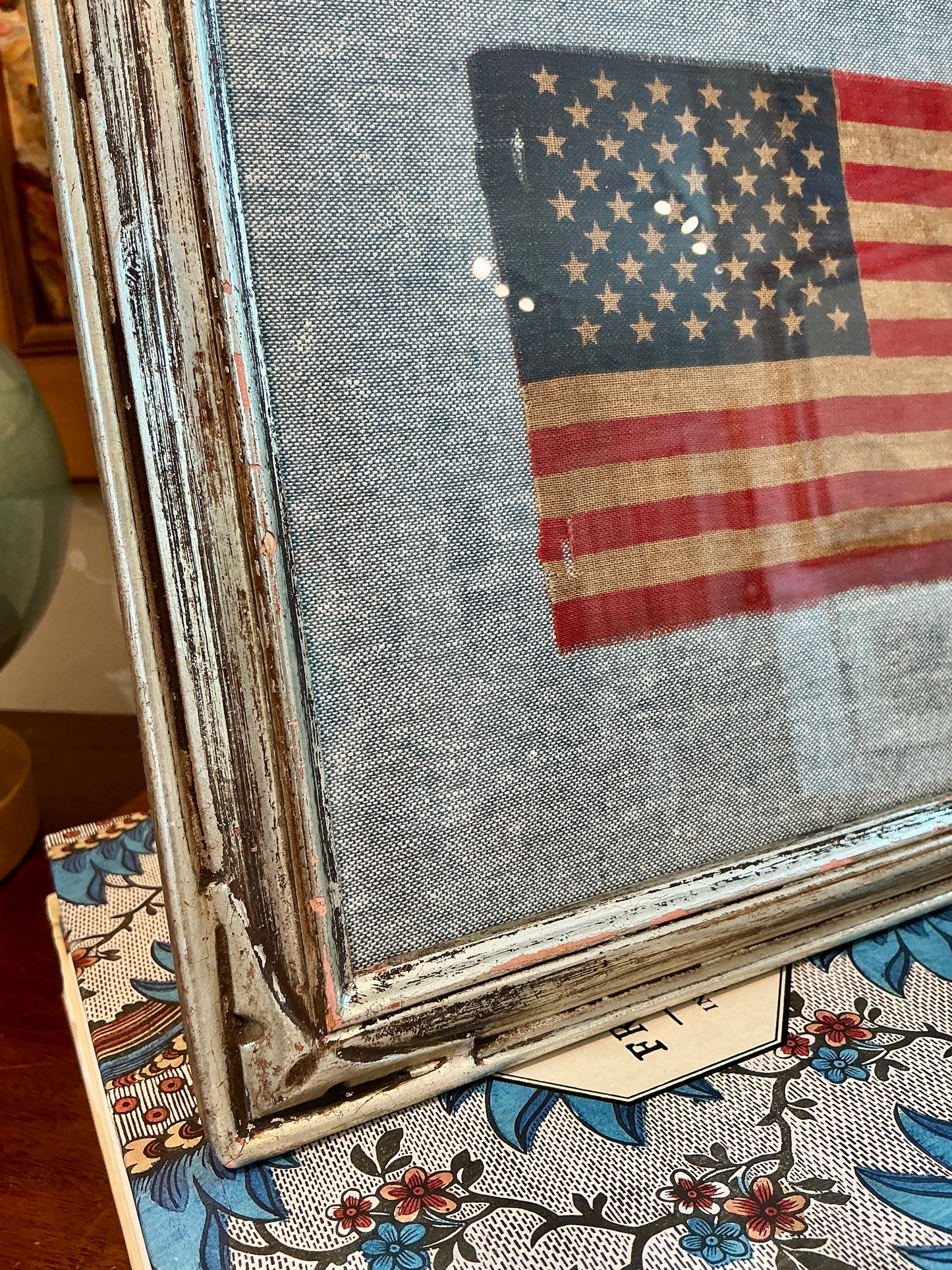 Vintage 50 Star American Flag on Light Chambray in Antique Silver Leaf Frame