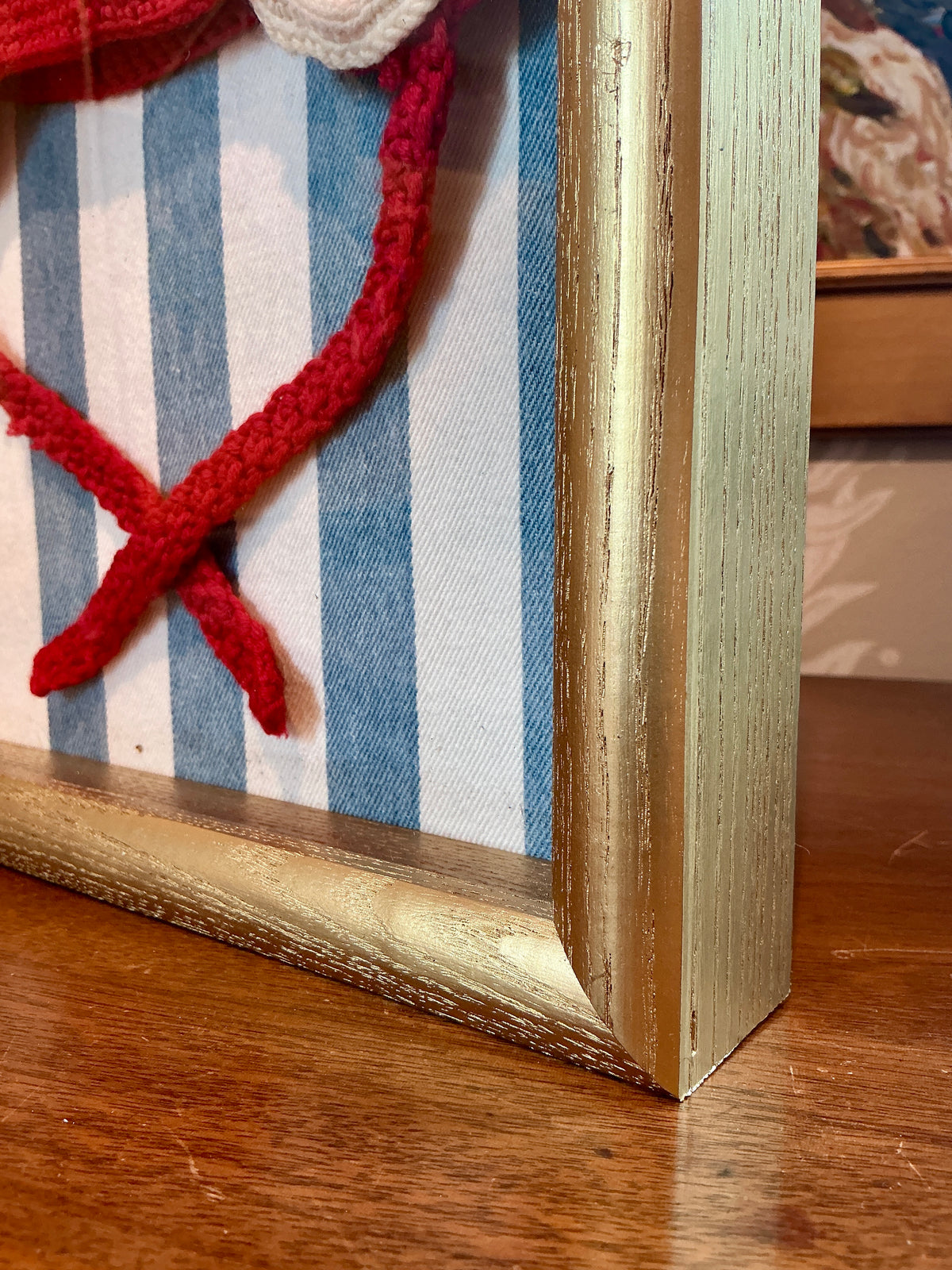 Vintage Red Knit Nautical Children’s Hat on Blue Stripes in Shadow Box