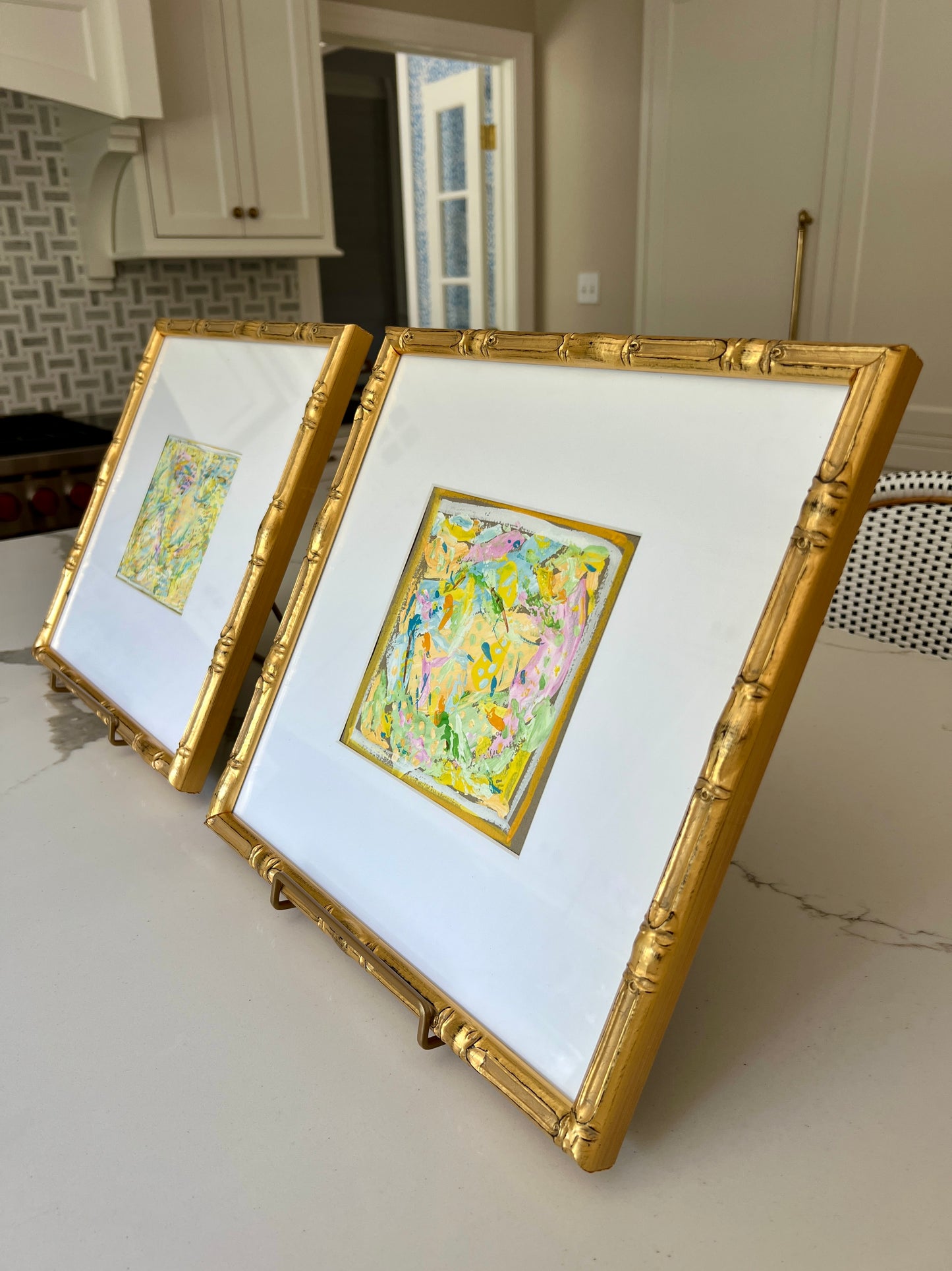 Vintage Colorful Abstract Oil Painting #8 in Light Gold Bamboo Frame