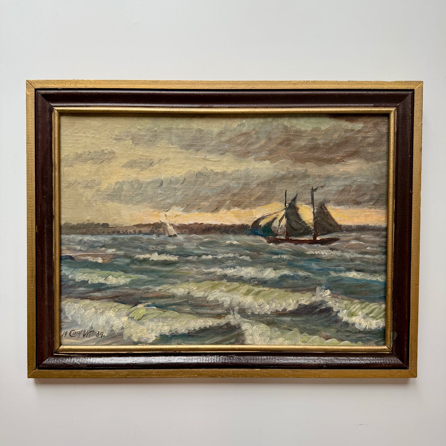 1937 Sailboats in Seascape Oil Painting in Painted Wood Frame