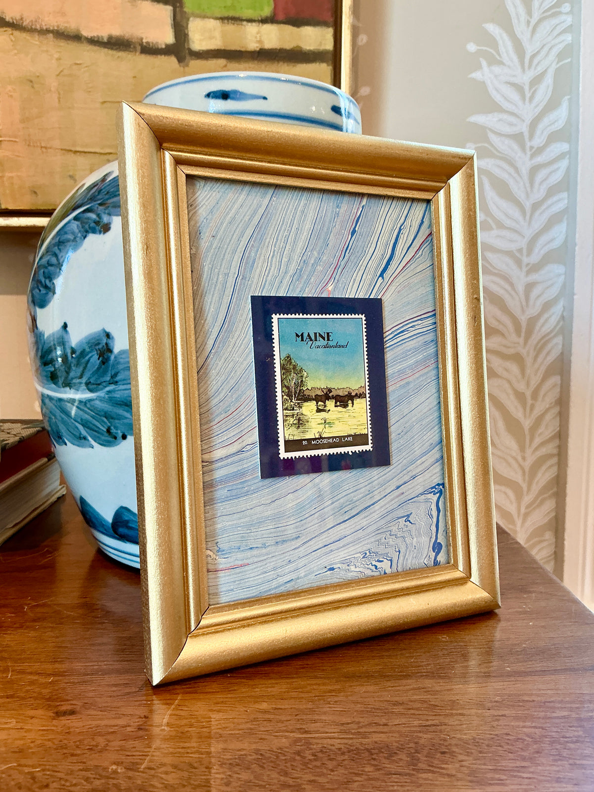 Set of Four 1940 Maine "Vacationland" Stamps on Blue Marbled Mounting in Gold Frames - Set A
