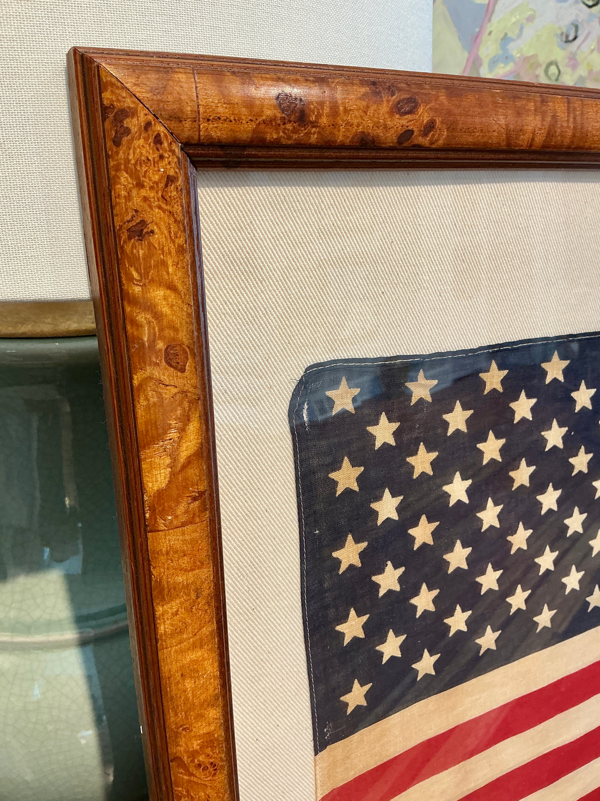 Vintage 50 Star American Flag on Ivory Duck Cloth in Burled Walnut Wood Frame