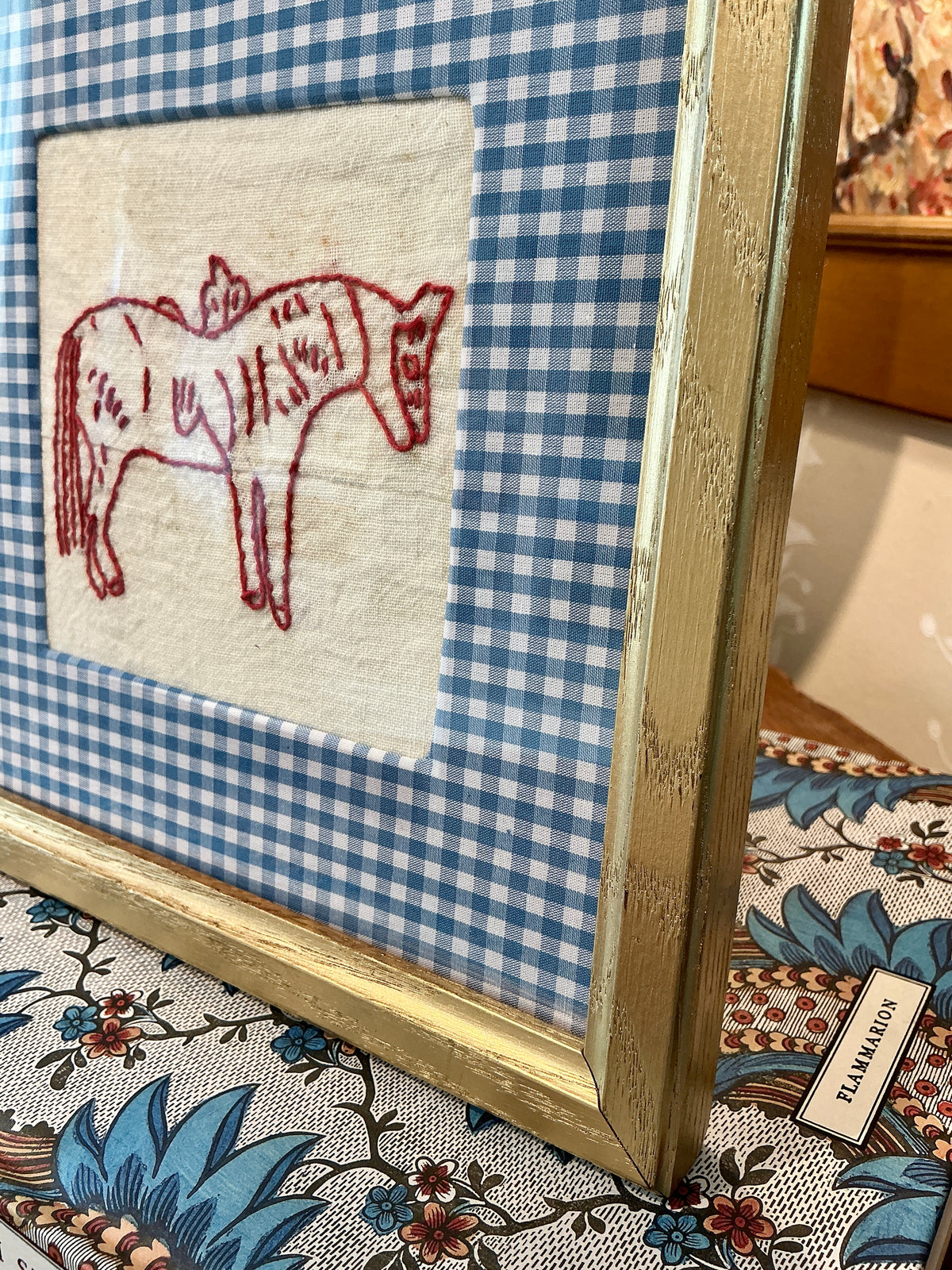 Antique Horse Redwork Embroidery on Blue Gingham in Gold Frame