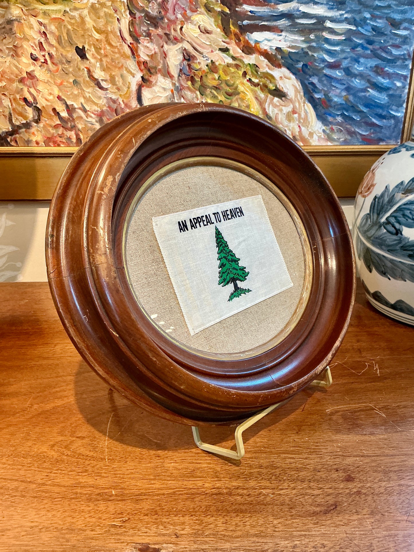 Vintage Pine Tree Flag on Taupe Cloth in Oval Wooden Frame with Gilded Liner