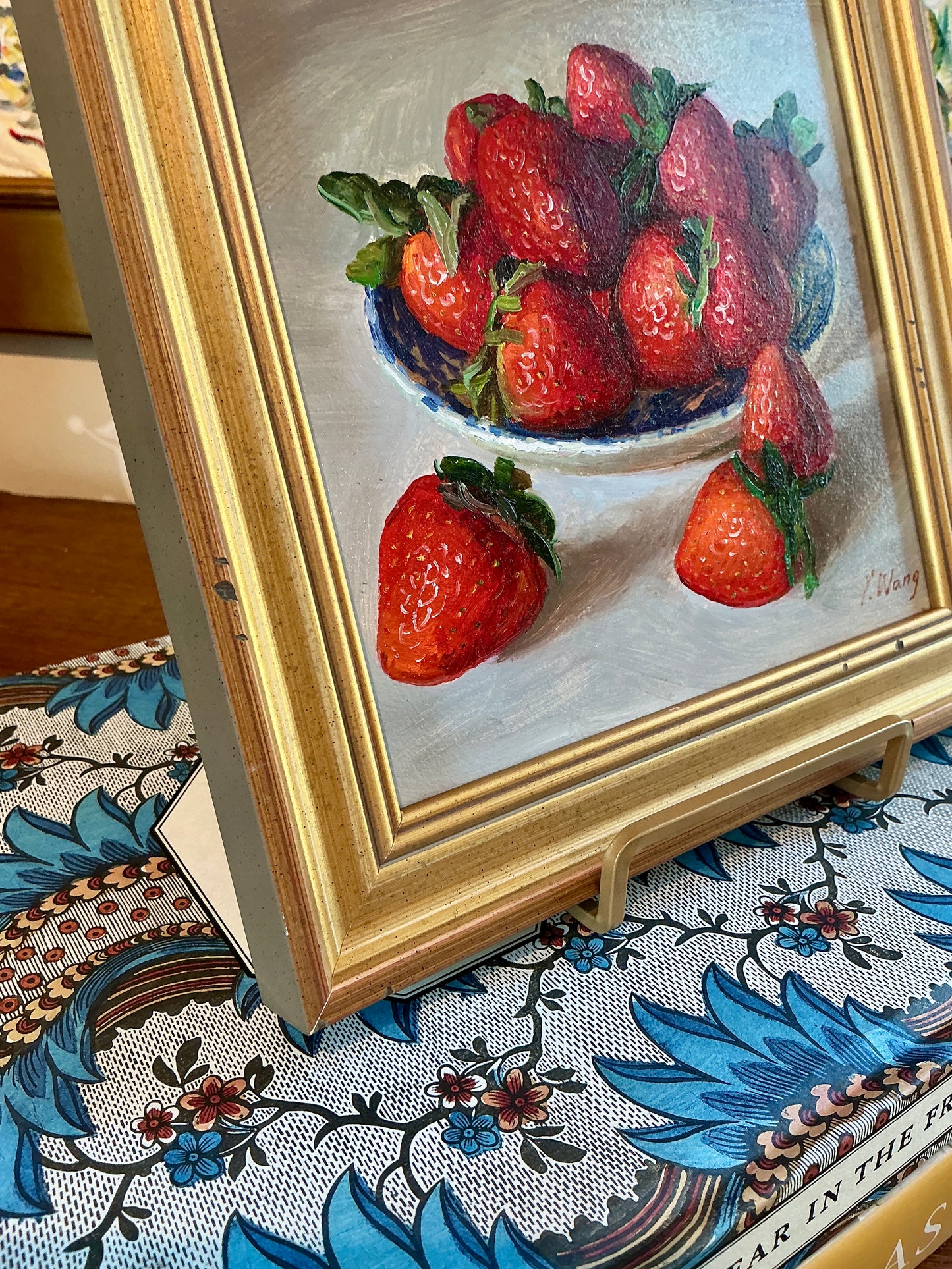 Youqing Wang Strawberries in Blue and White Bowl Still Life Oil Painting in Gold Frame