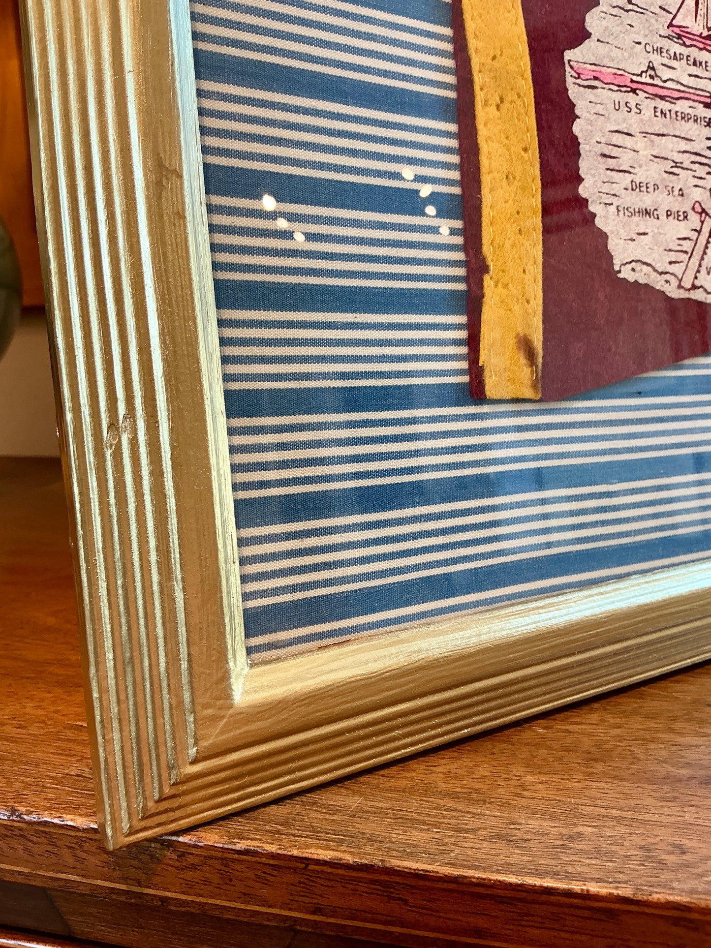 Vintage Chesapeake Bay Bridge Felt Pennant on Blue Stripes in Gold Frame