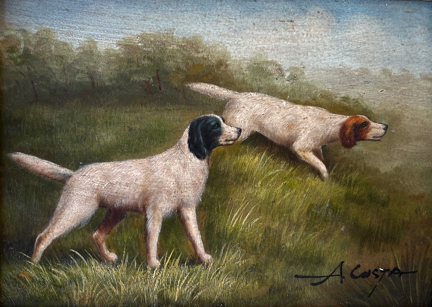 Early 20th Century Pointer Hunting Dogs Portrait Oil on Board Painting in Gold Frame
