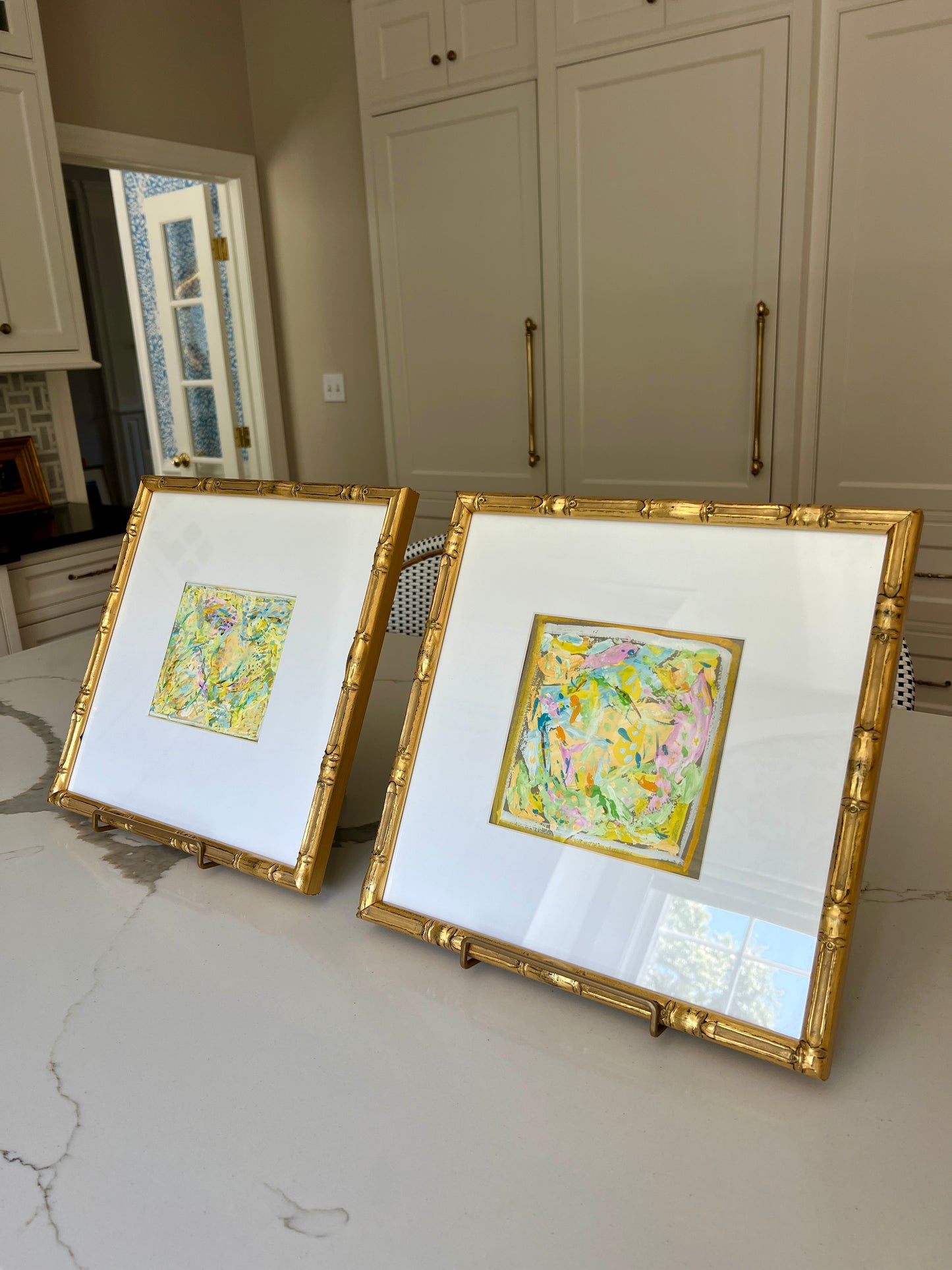 Vintage Colorful Abstract Oil Painting #8 in Light Gold Bamboo Frame