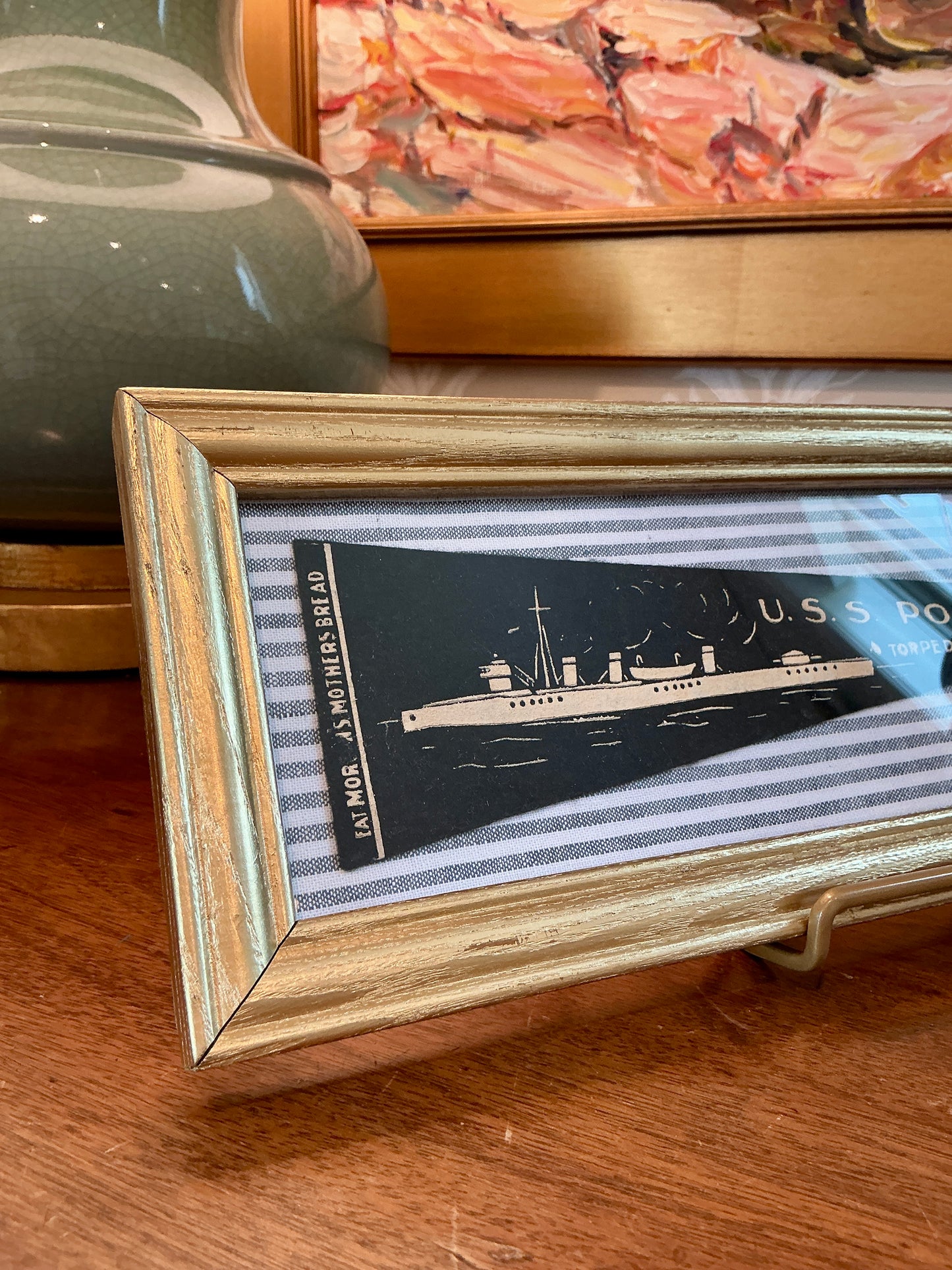 Vintage U.S.S. Porter Naval Ship Wool Pennant on Grey Stripes in Gold Frame