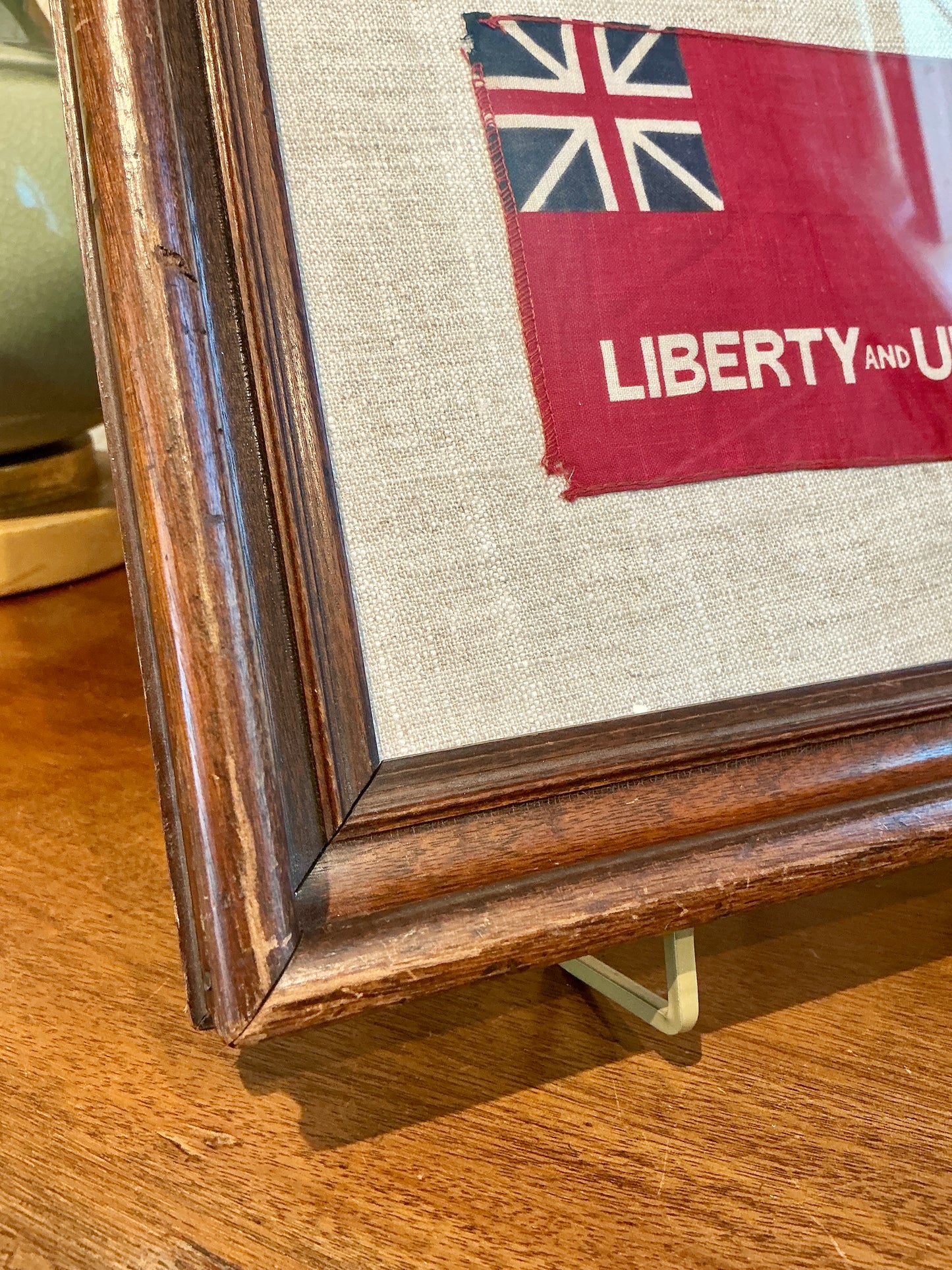Vintage Taunton Flag on Light Grey Grain Sack Fabric in Wood Frame