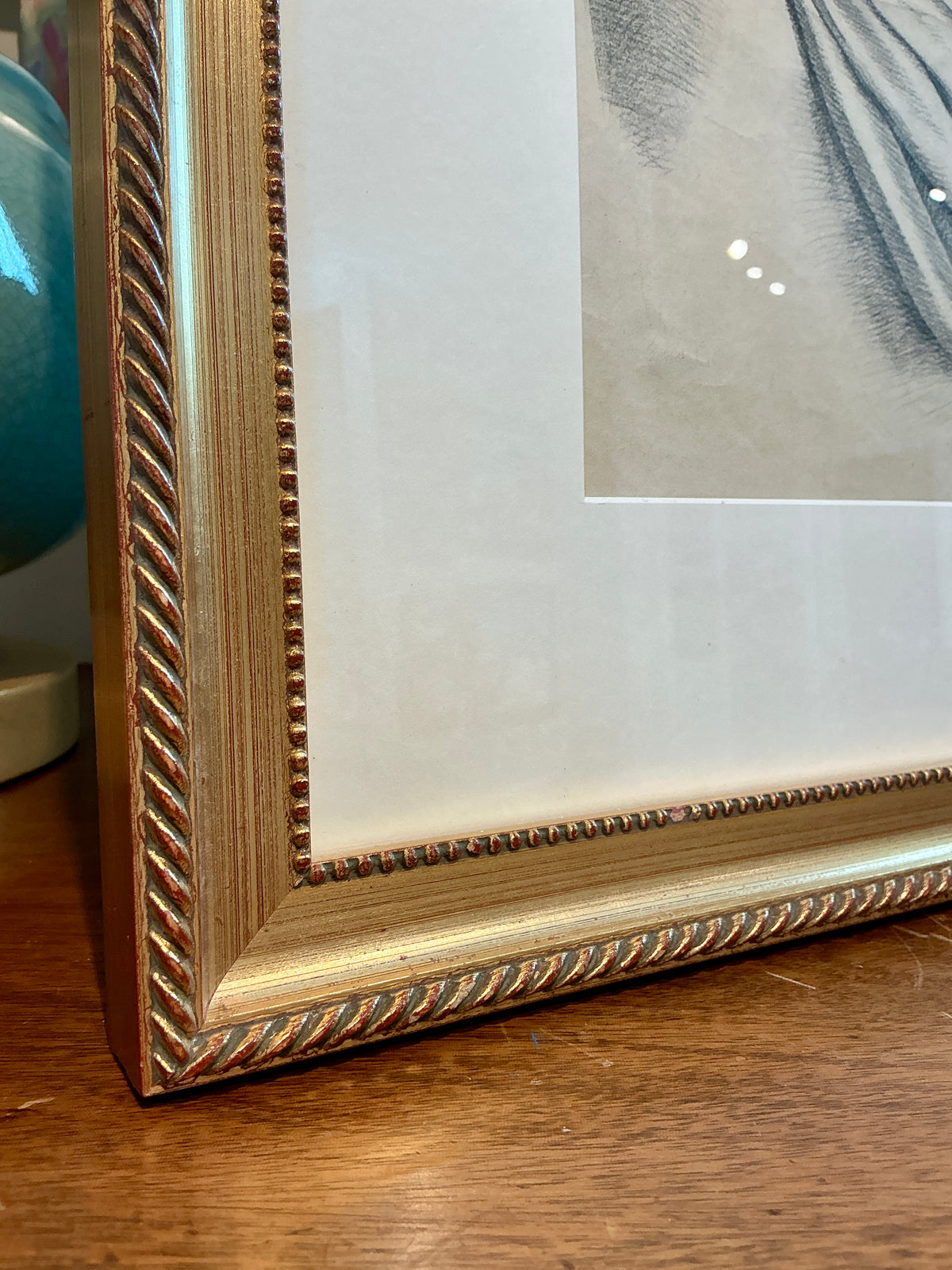 Early 19th Century Daydreaming Young Woman's Portrait Charcoal Drawing in Gold Frame