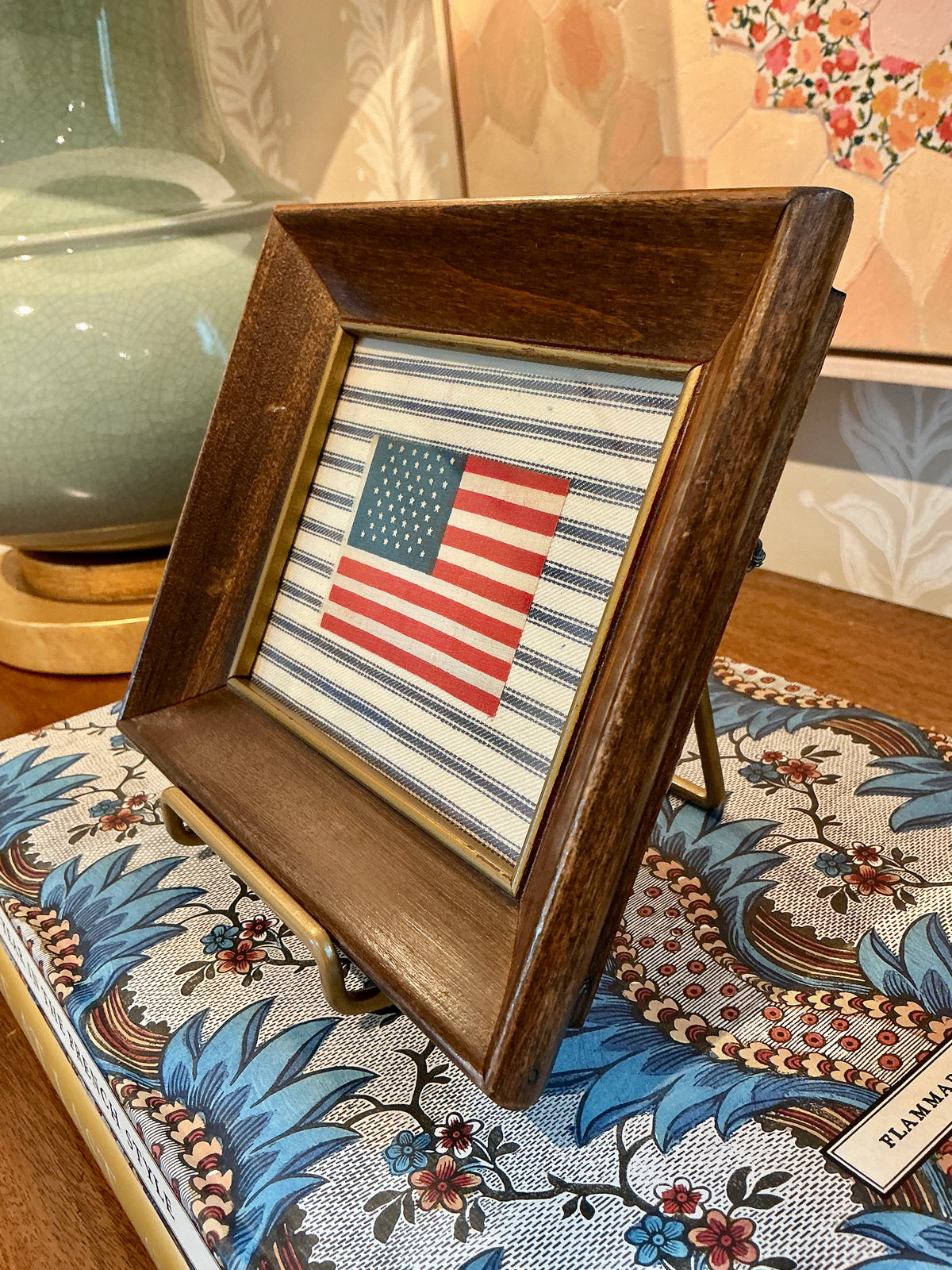 Vintage 50 Star American Parade Flag on Blue and White Stripes in Wood Frame with Gilded Liner