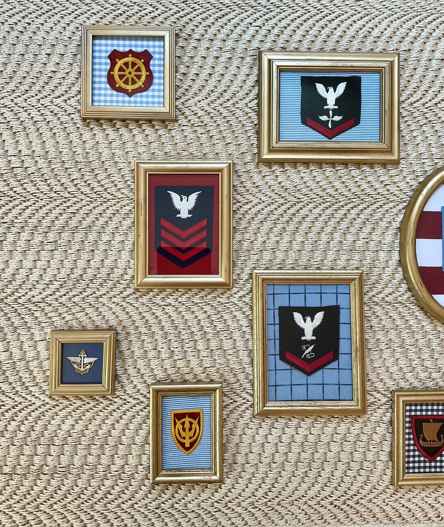 Gallery Wall Collection of Ten American Military and Boy Scout Patches in Gold Frames