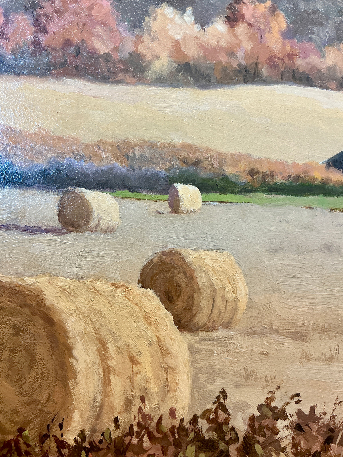 Anthony R. Thompson Old Farm With Hay Rolls Landscape Oil Painting in Gold Frame